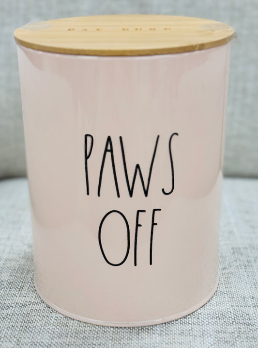 New Rae Dunn off pink lidded tin PAWS OFF 7x5.25 storage container