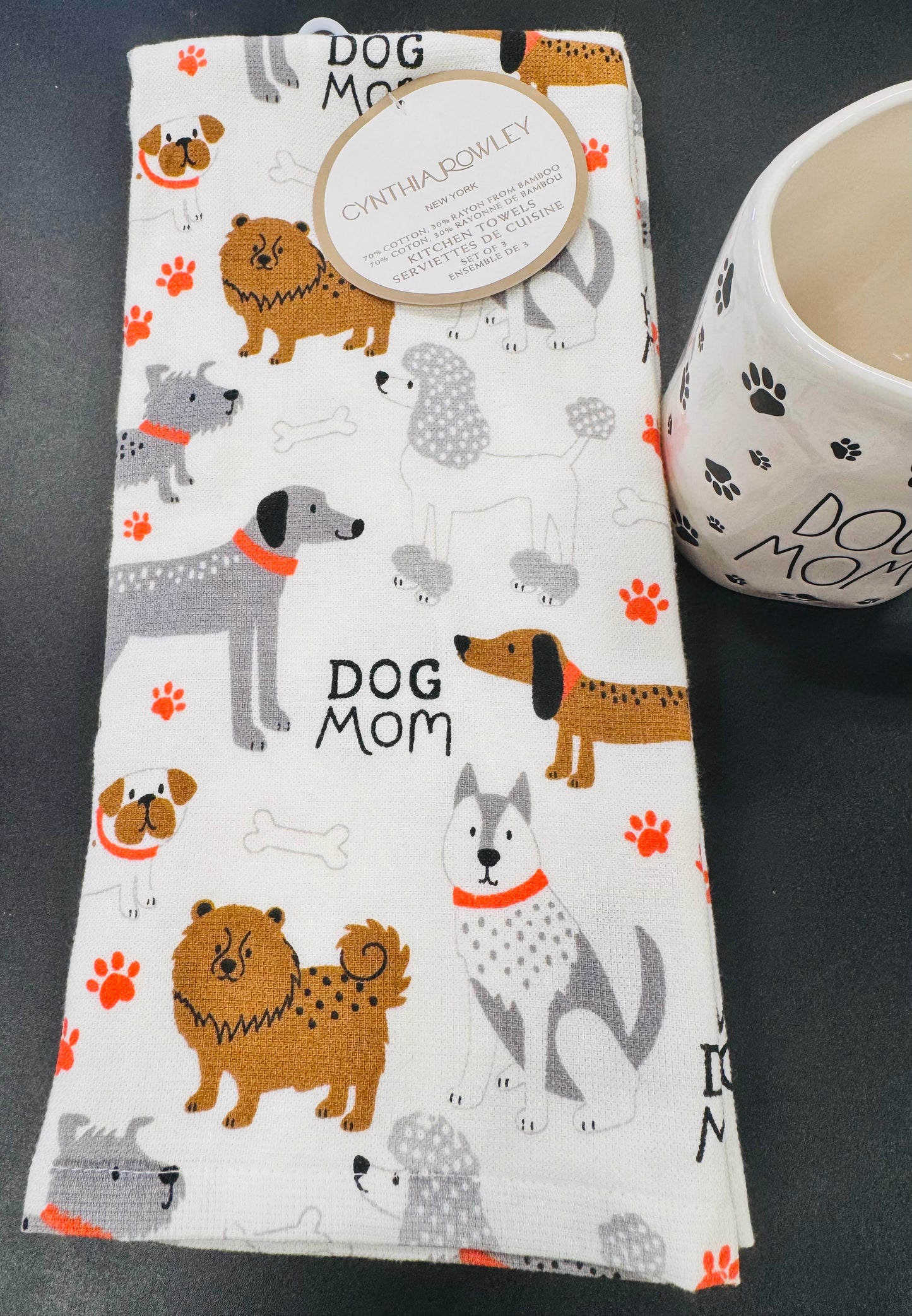 New Rae Dunn white ceramic 🐾 coffee mug DOG MOM & 3-piece Dog Mom kitchen dish towel set