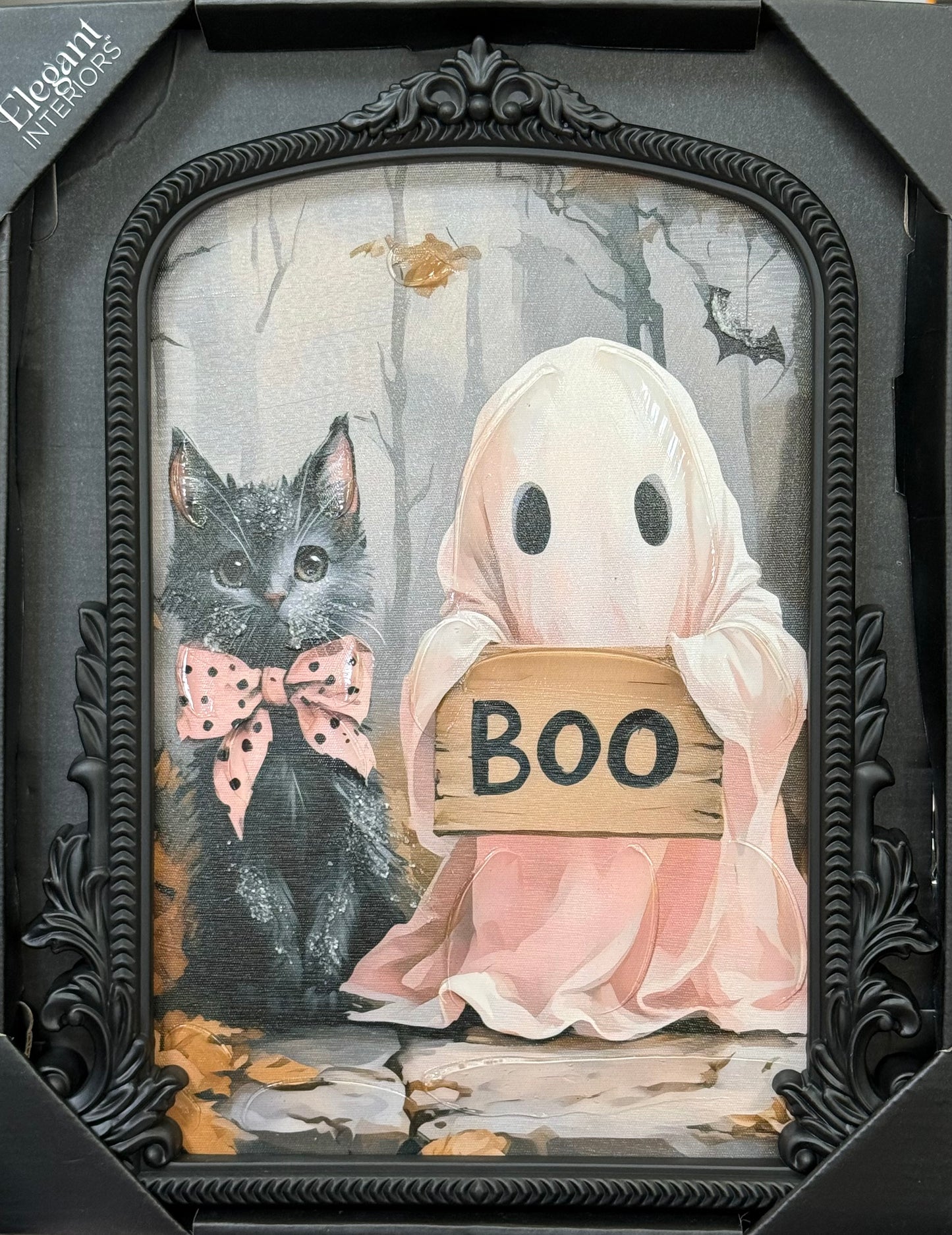 New 12x10 pink and black cat and ghost Halloween wall decor