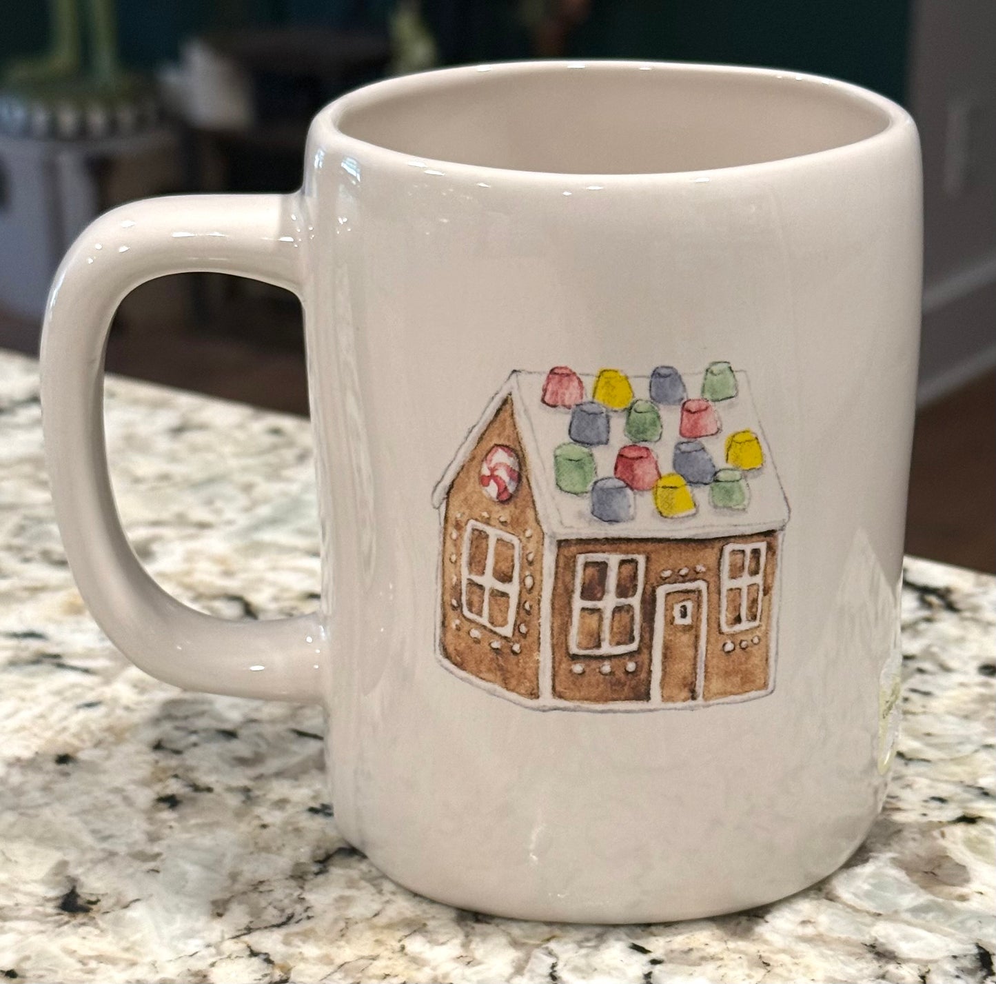 New Rae Dunn white ceramic Christmas coffee mug SUGAR AND SPICE gingerbread house on back
