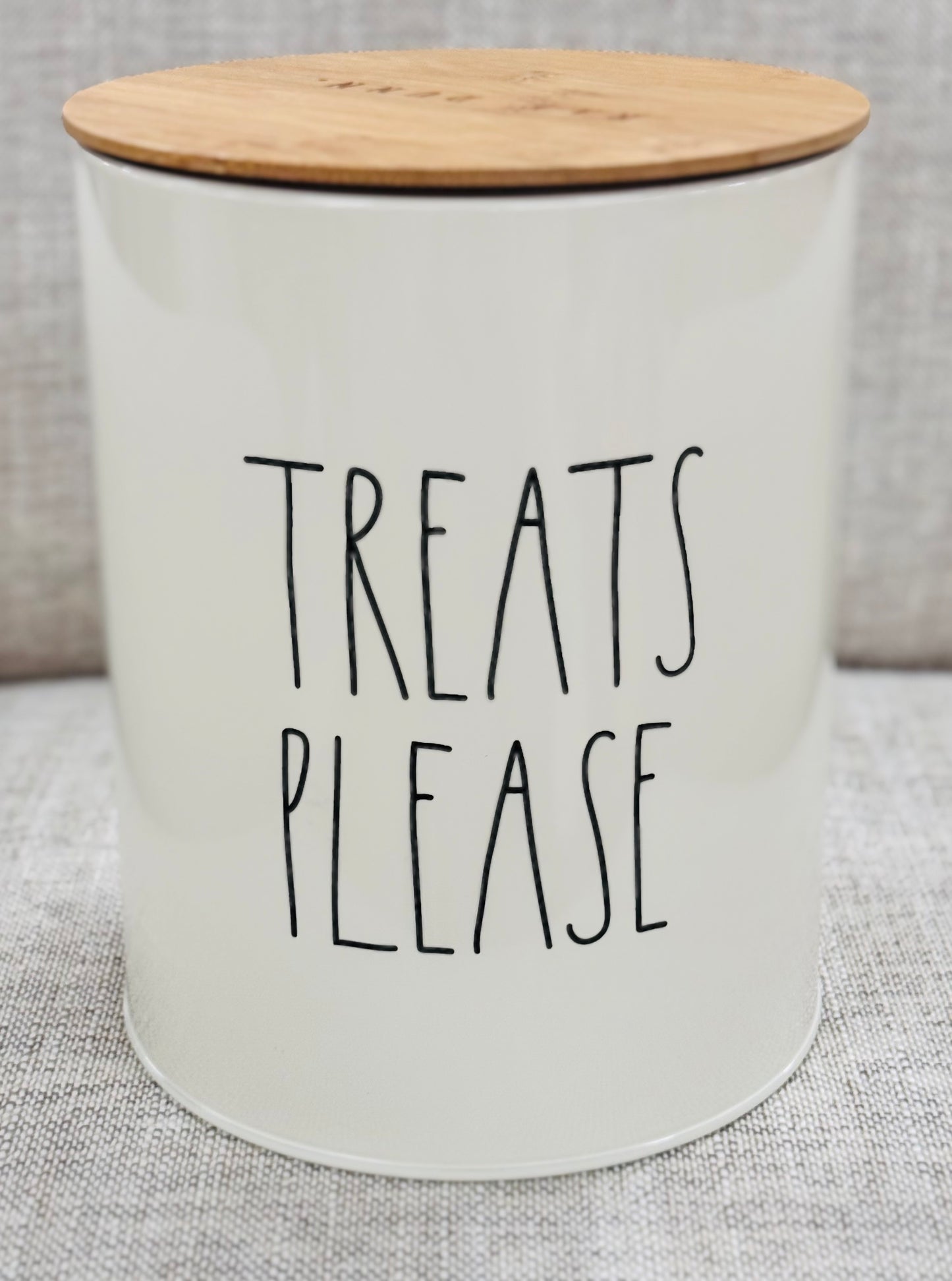 New Rae Dunn off white lidded tin TREATS PLEASE 8x6.25 storage container