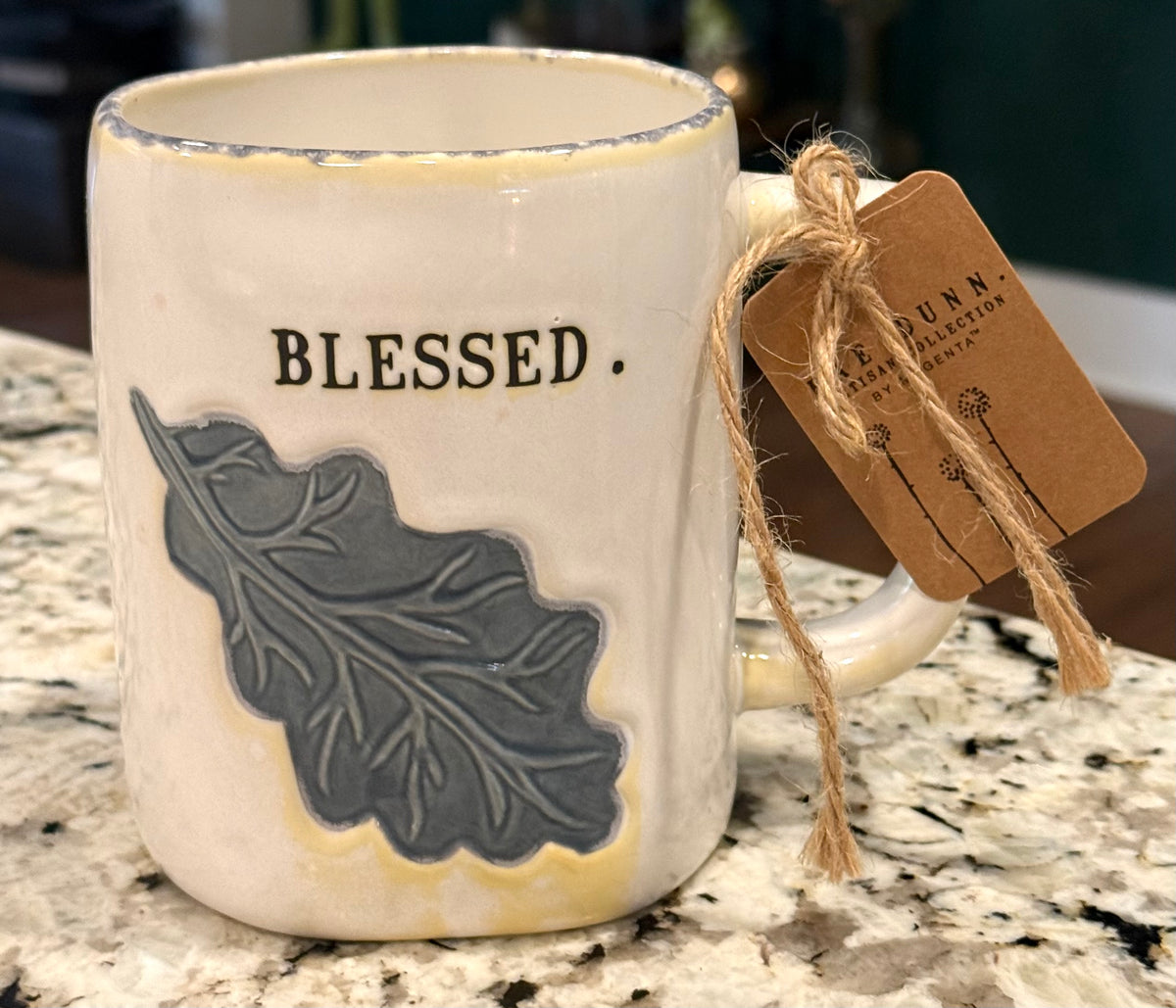 New Rae Dunn white ceramic BLESSED leaf print fall coffee mug