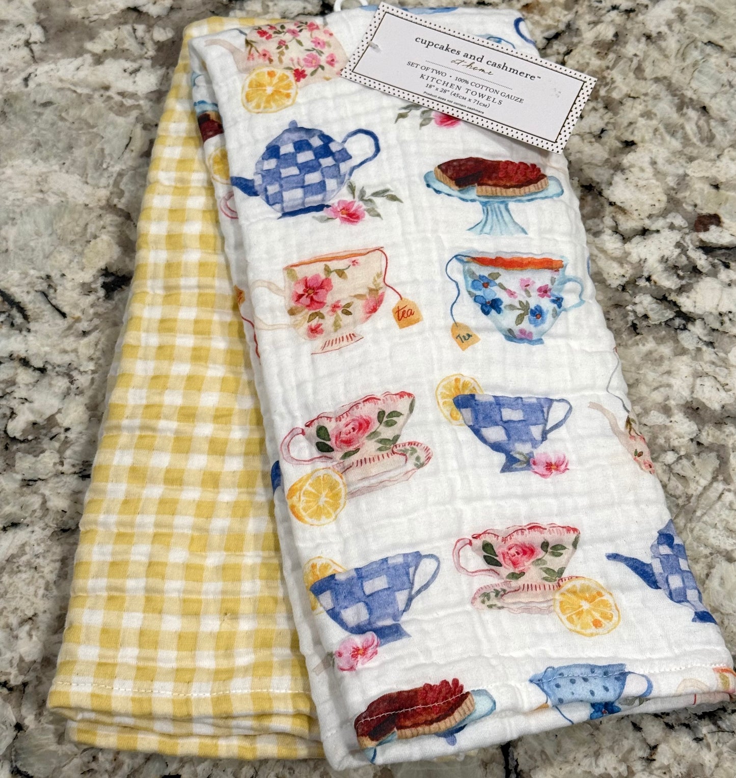 New Cupcakes and Cashmere 2-piece kitchen royal check teapot dish towel set