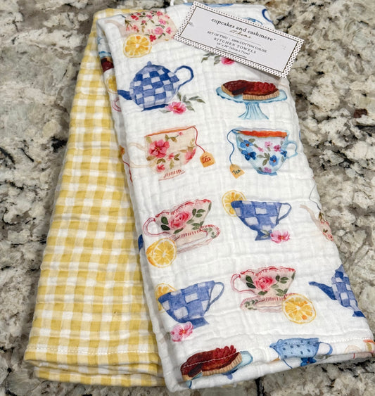 New Cupcakes and Cashmere 2-piece kitchen royal check teapot dish towel set