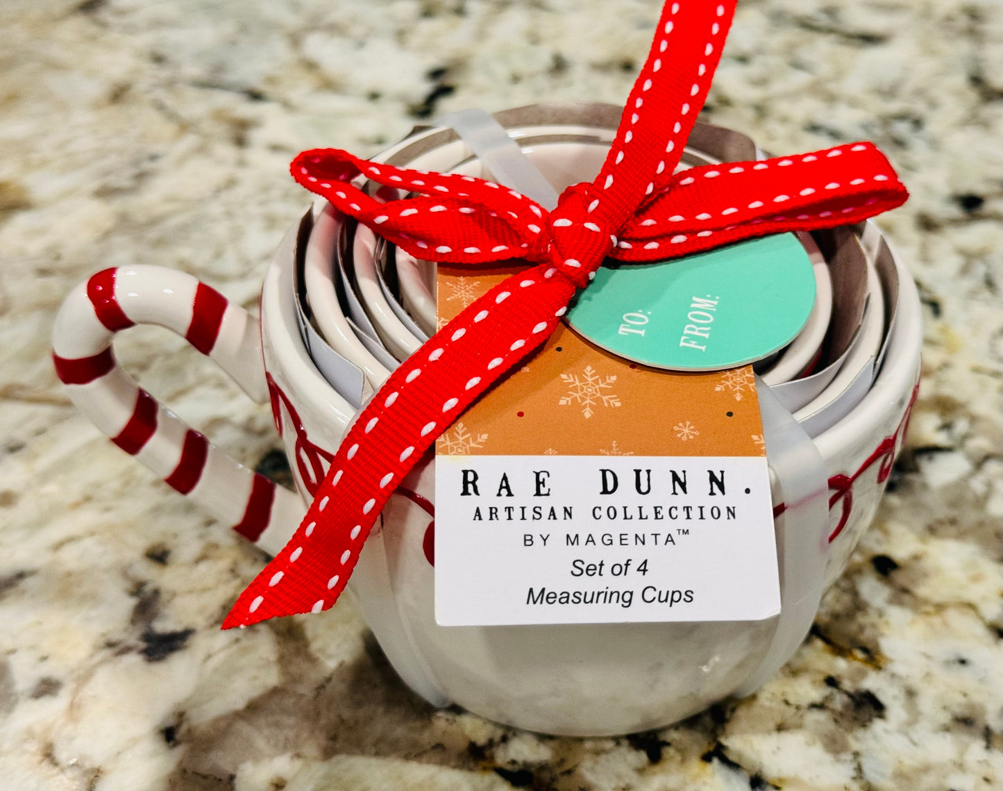 New Release! Rae Dunn red & white scroll candy cane handled measuring cup set