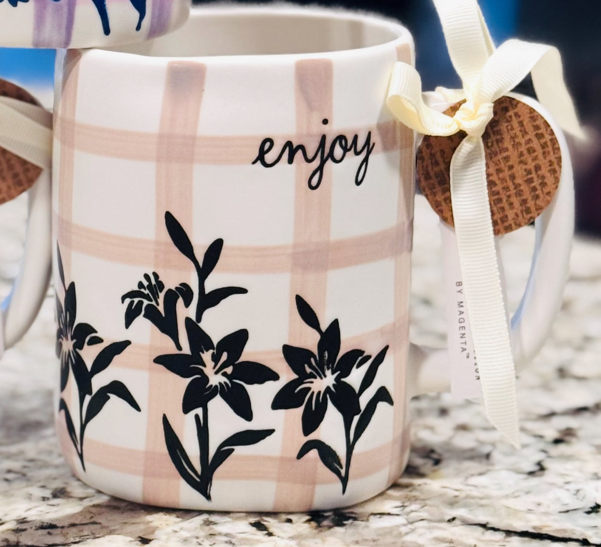 New Rae Dunn brown plaid ceramic ENJOY coffee mug