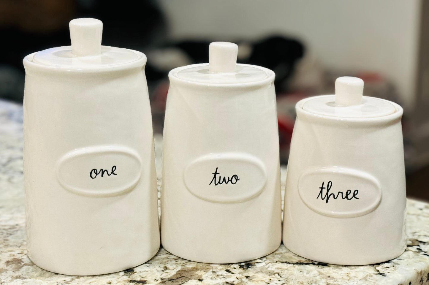 New Rae Dunn white ceramic new style numbers canister set ONE TWO THREE