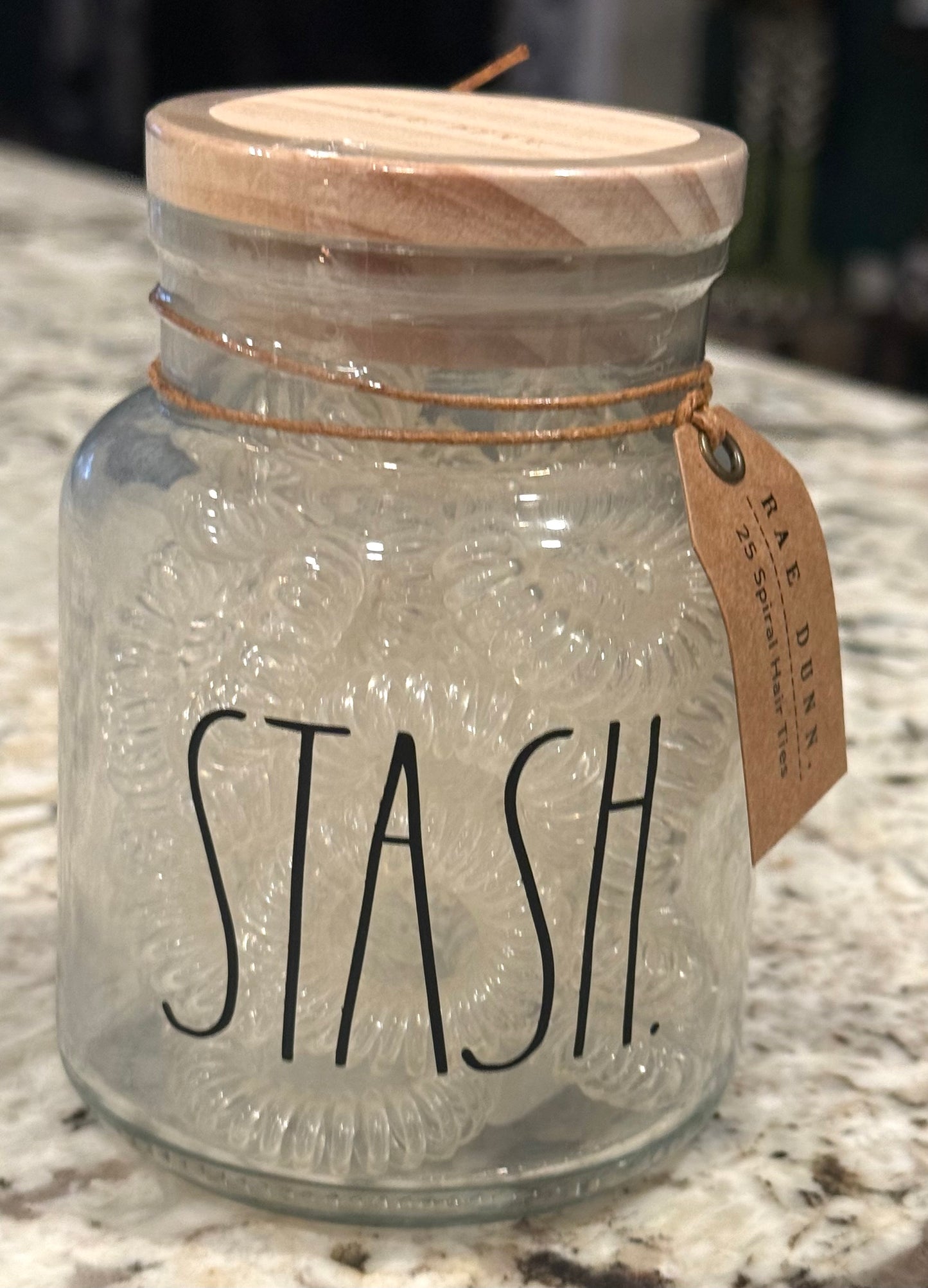 New Rae Dunn glass storage jar with rubber pony tail hilders STASH