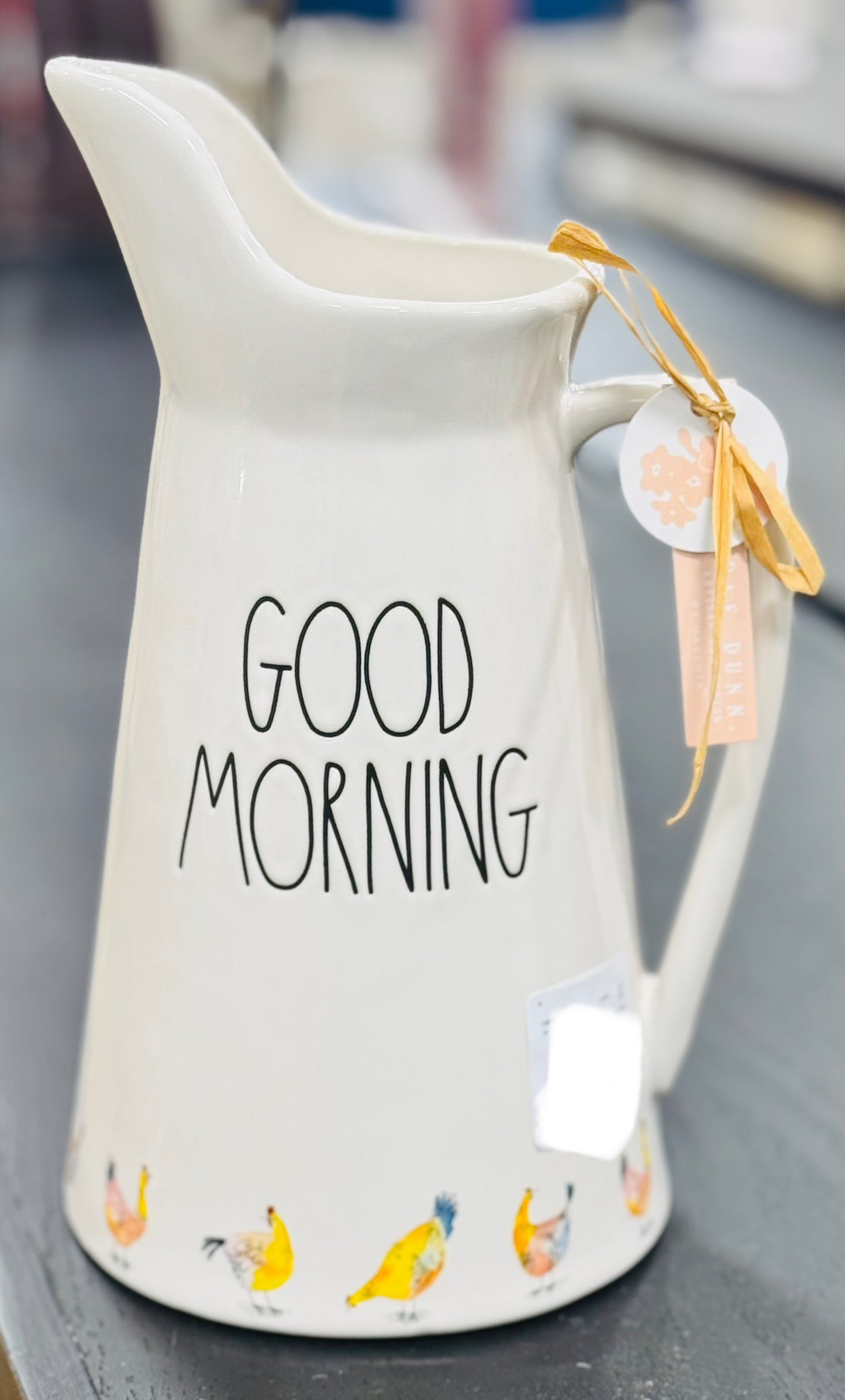 New Rae Dunn Farmline ceramic chicken print 🐓 pitcher GOOD MORNING