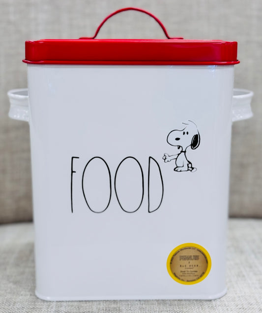 New white tin Rae Dunn x Peanuts Snoopy FOOD holder red lid