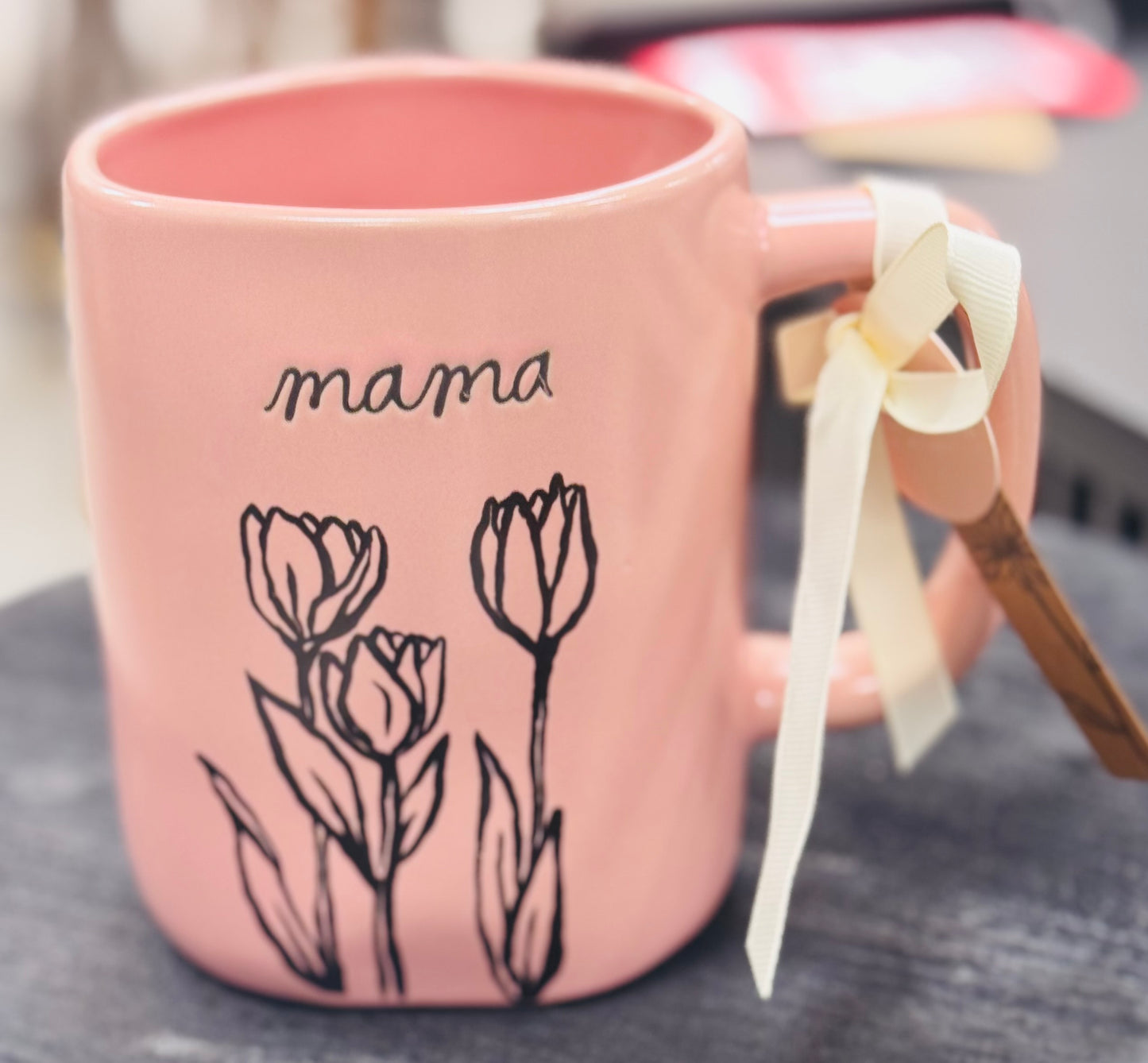 New Rae Dunn peach ceramic coffee mug script floral MAMA