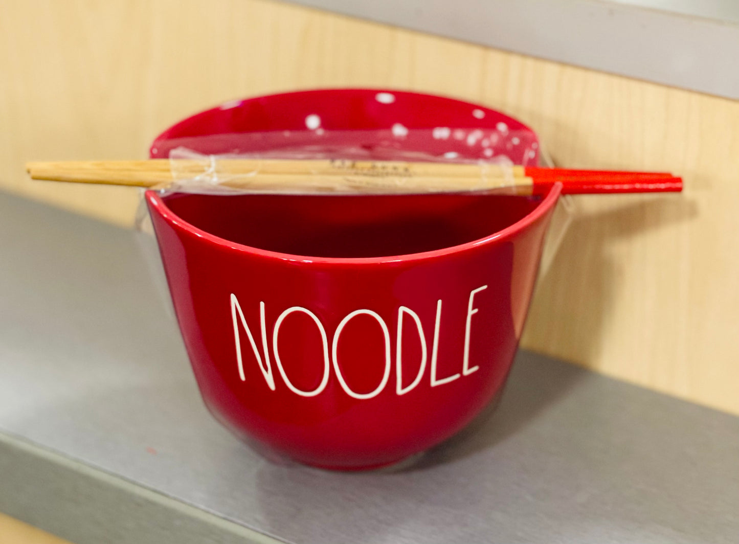 New Rae Dunn red ceramic NOODLE bowl with chopsticks set