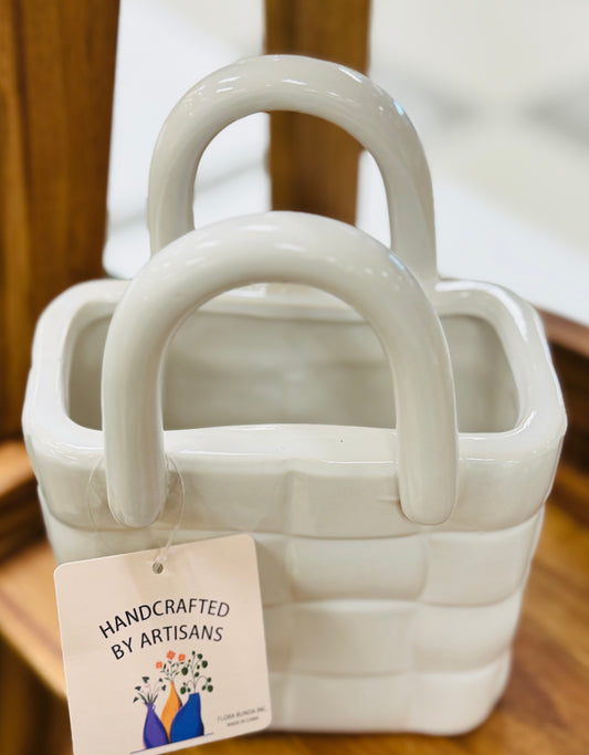 New 7.5” white ceramic hand painted shopping basket vase