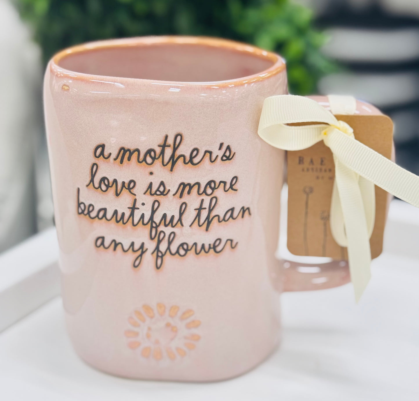 New Rae Dunn pink ceramic floral coffee mug A MOTHER’S LOVE IS MORE BEAUTIFUL THAN ANY FLOWER