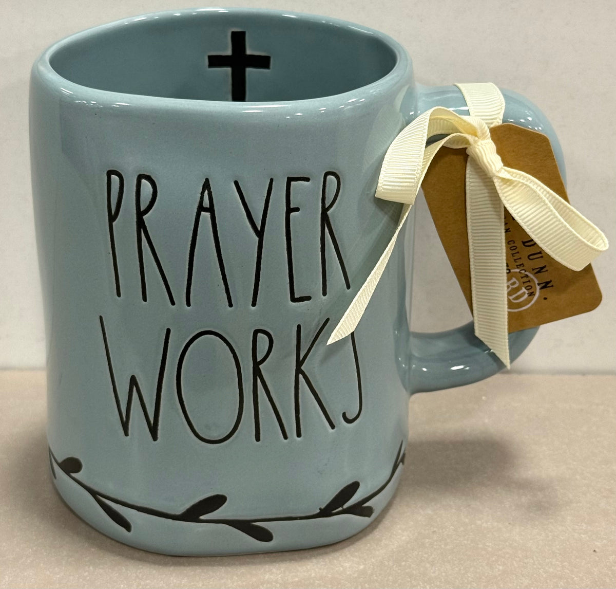 New Rae Dunn blue ceramic coffee mug PRAYER WORKS