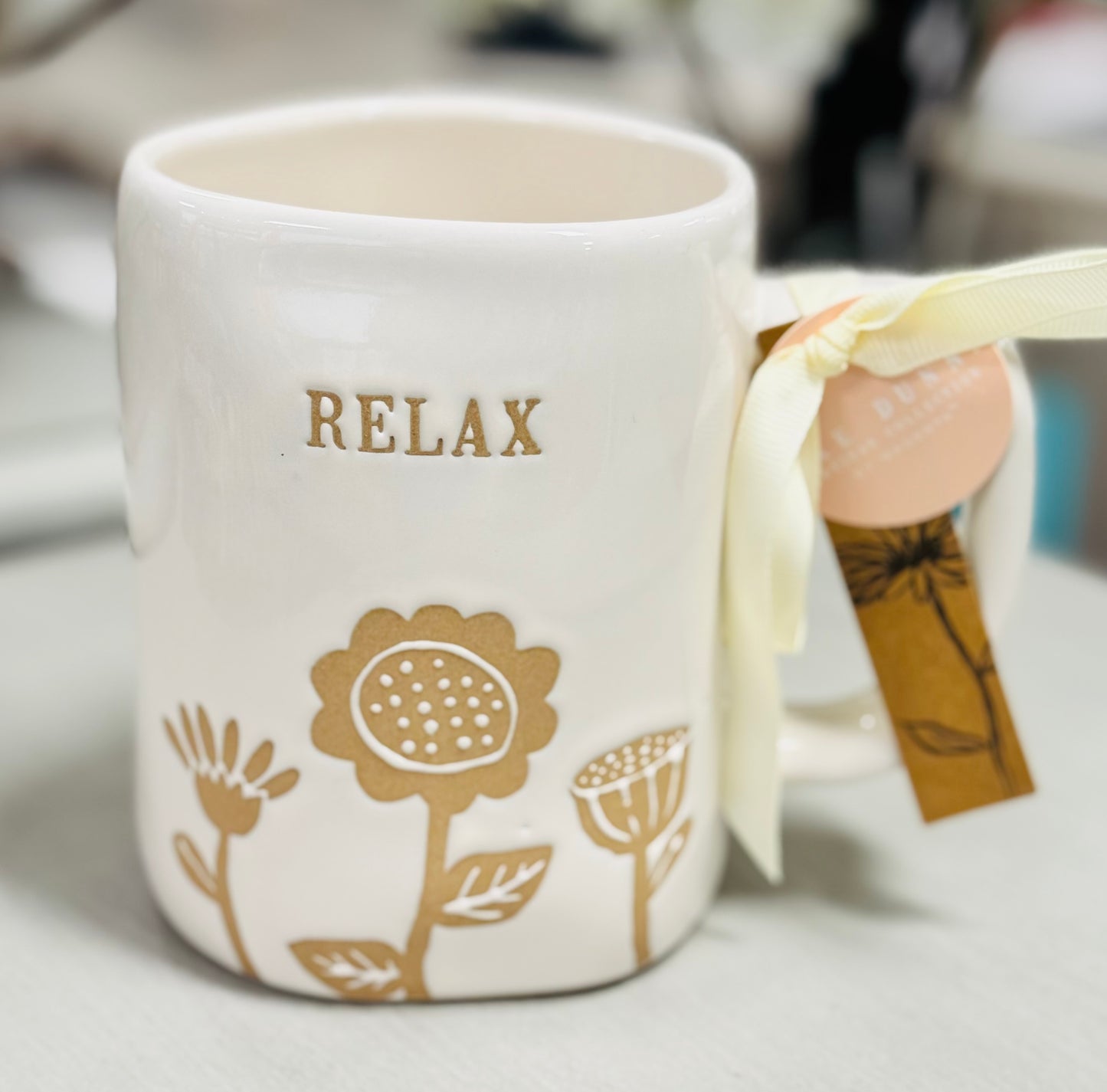 New Rae Dunn floral ceramic RELAX coffee mug