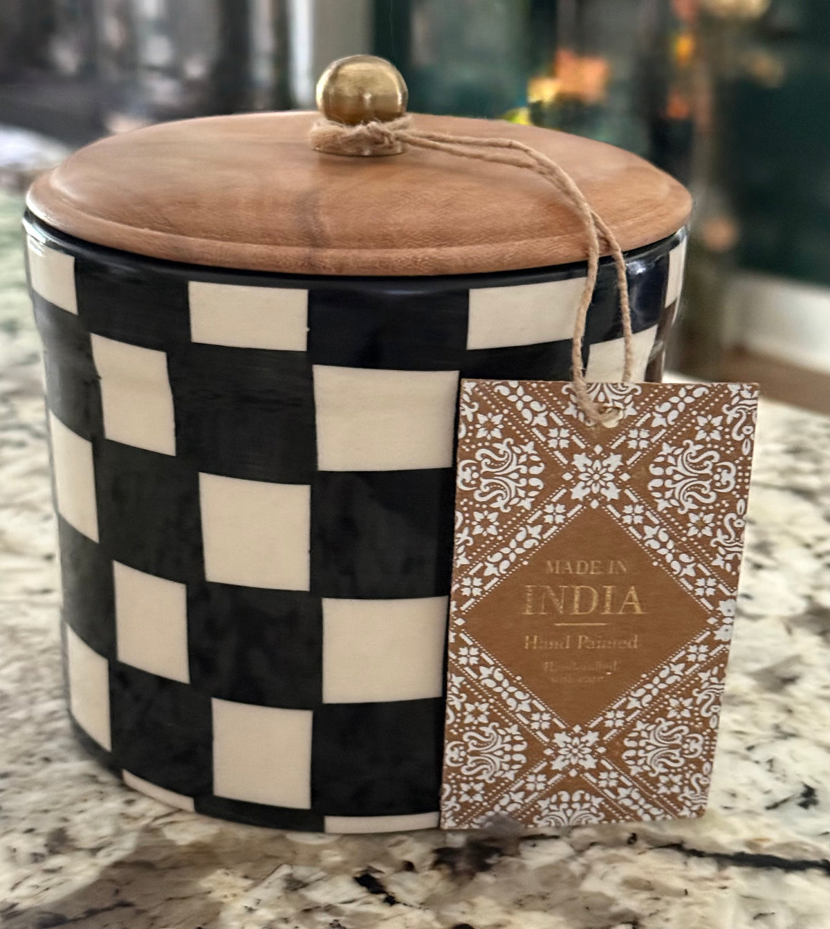 New ceramic Made in India black check checkered 5.5”storage canister