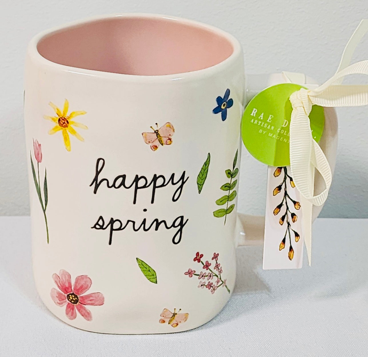 New Rae Dunn white ceramic floral coffee mug HAPPY SPRING