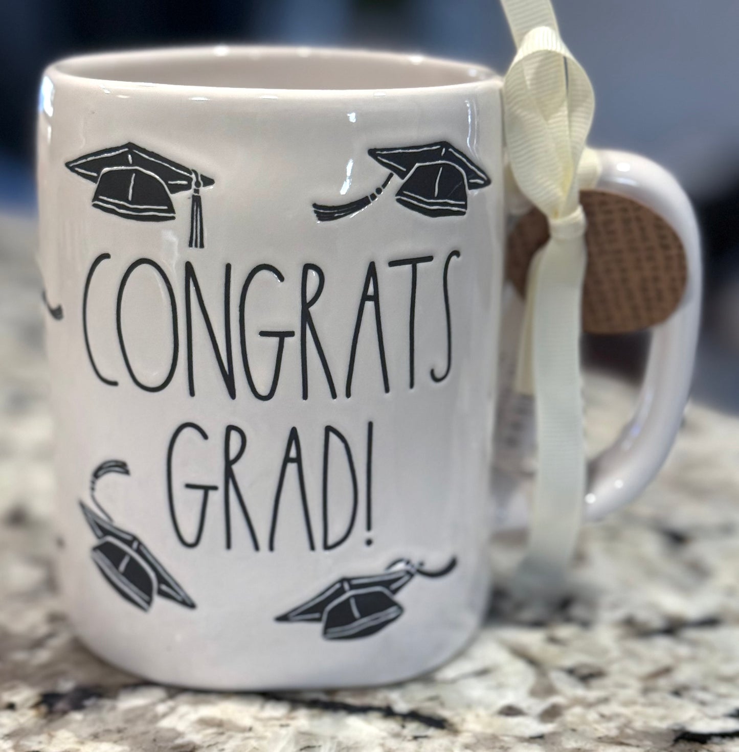 New Rae Dunn white ceramic grad hat coffee mug CONGRATS GRAD!