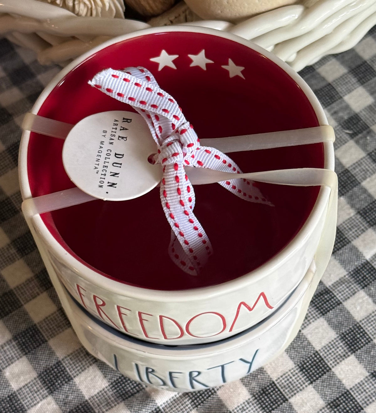 New Rae Dunn white ceramic patriotic usa bowl set LIBERTY & FREEDOM