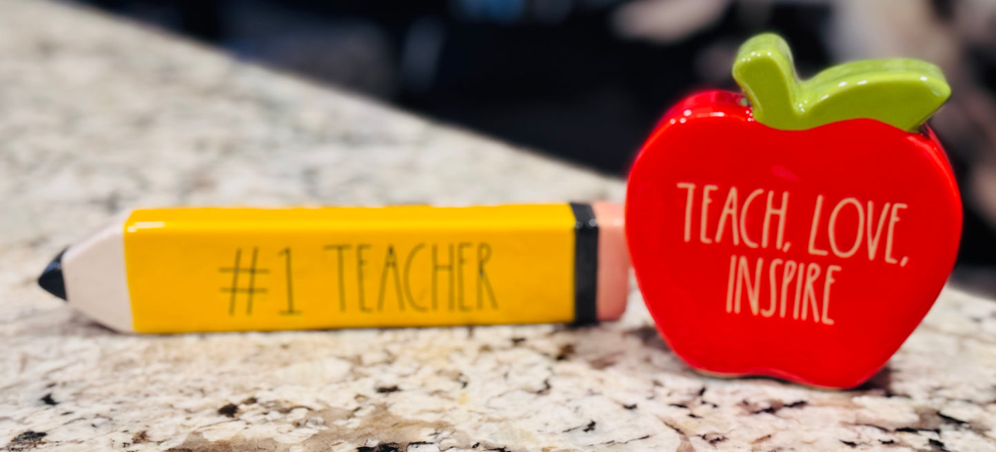 New Rae Dunn 2-piece Teacher pencil and apple ceramic desk decor gift set