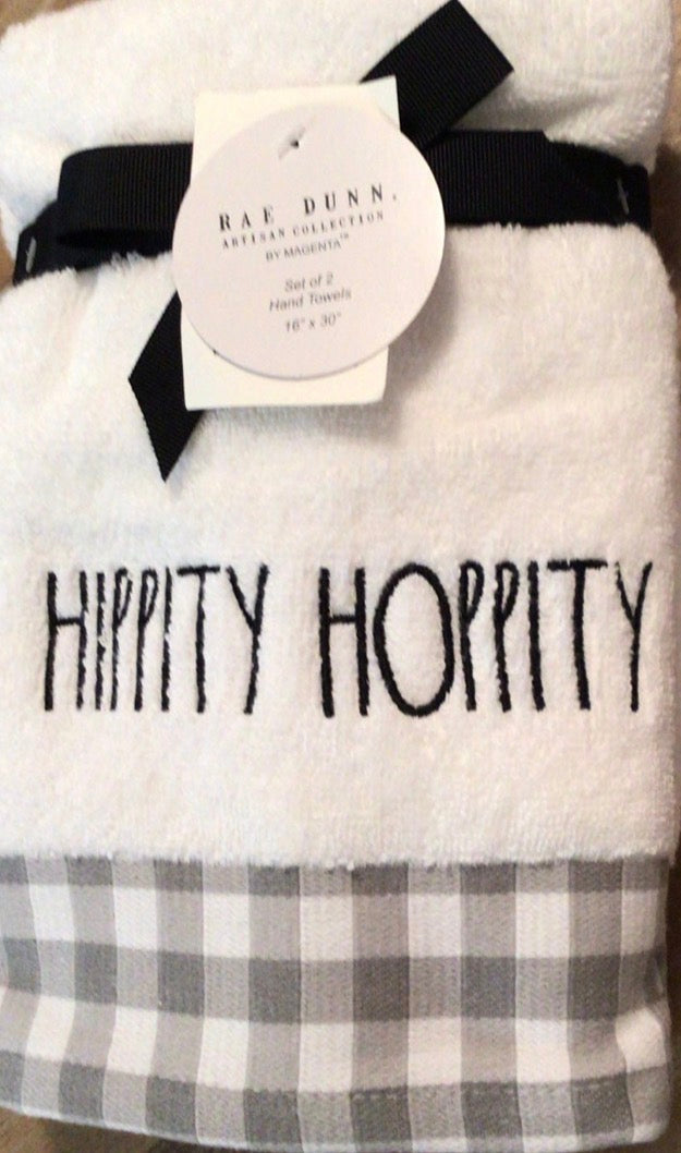 New Rae Dunn white gray plaid trimmed 2-piece Easter hand towel set HIPPITY HOPPITY
