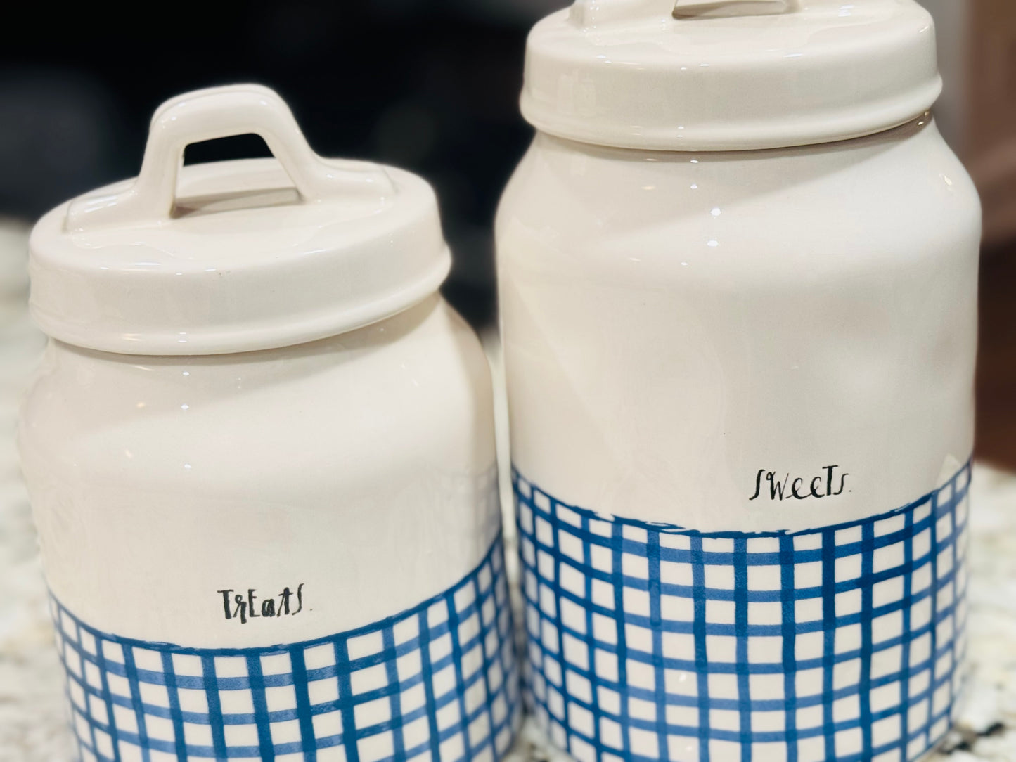 Rae Dunn 2-piece blue plaid canister set SWEETS & TREATS
