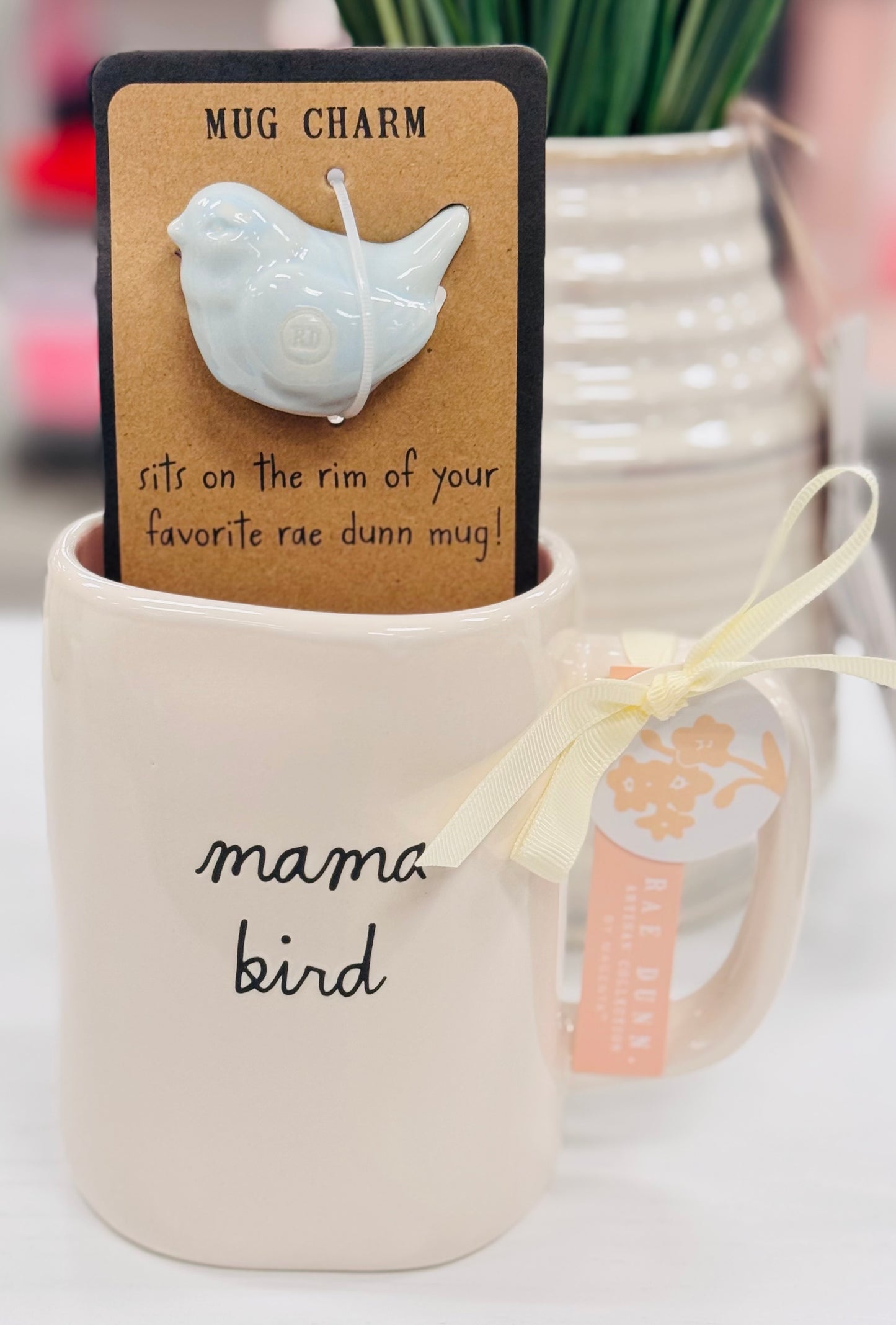 New Rae Dunn white ceramic script coffee mug with bird rim sitter. MAMA BIRD