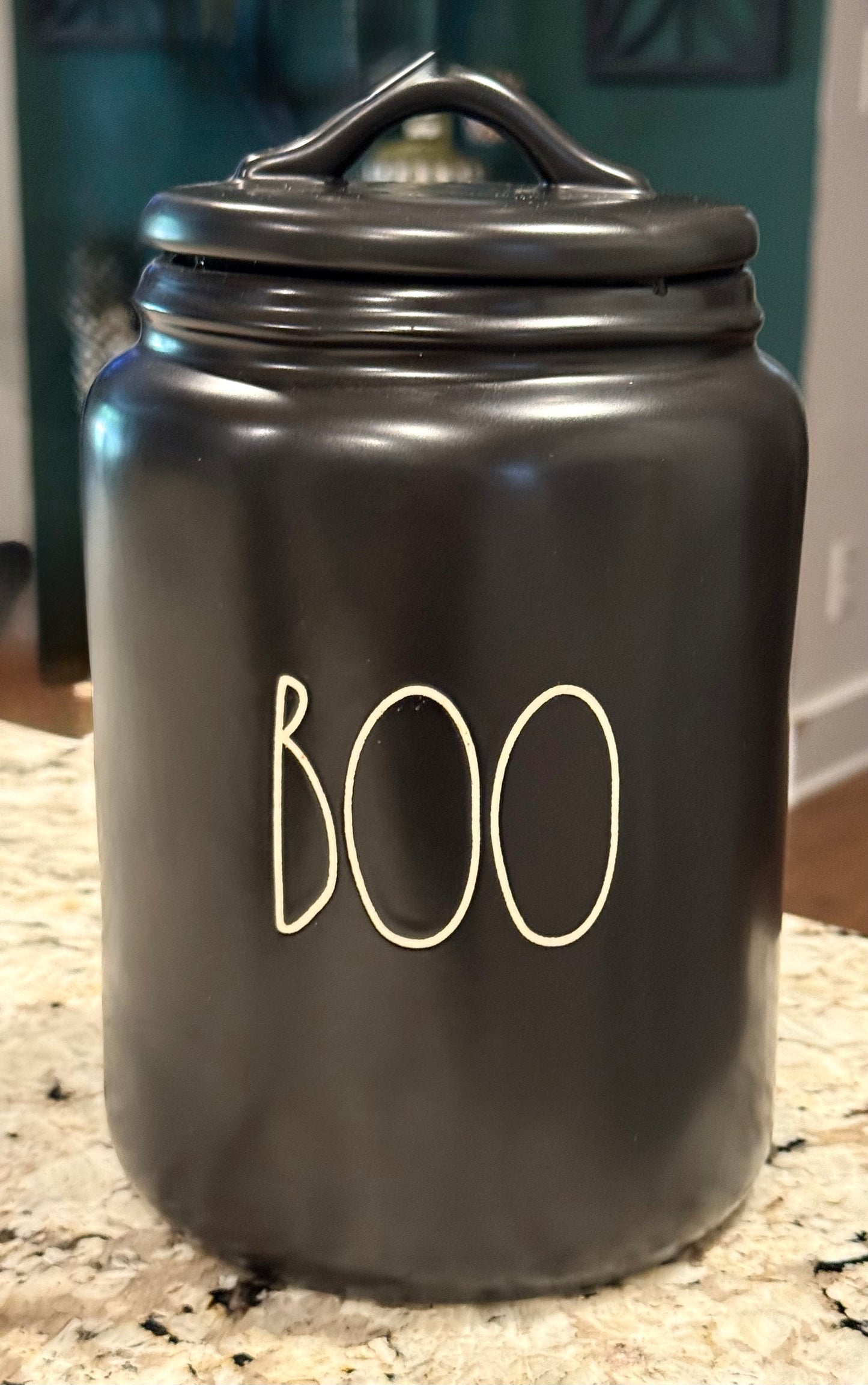 New Rae Dunn black ceramic 9” flat lid Halloween canister BOO