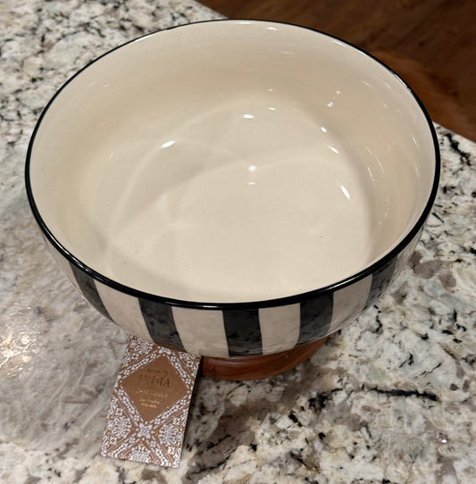 New large ceramic Made in India pedestal striped fruit bowl wood base 10x6