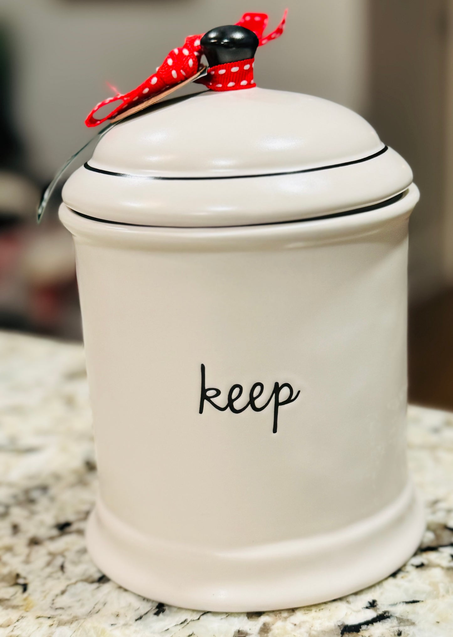 New Rae Dunn baby ceramic script KEEP canister 7.25x5.5