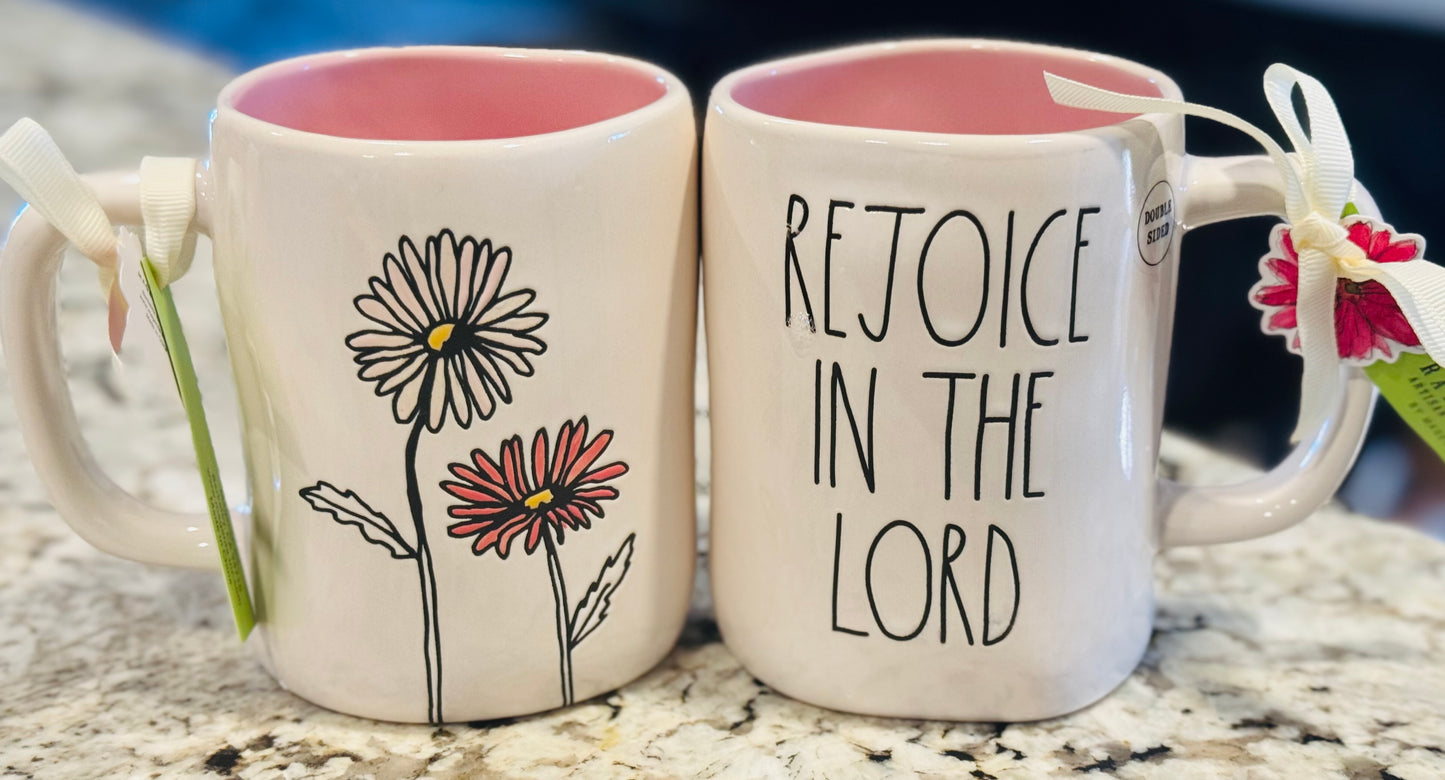 New Rae Dunn ceramic coffee mug floral engraved back REJOICE IN THE LORD