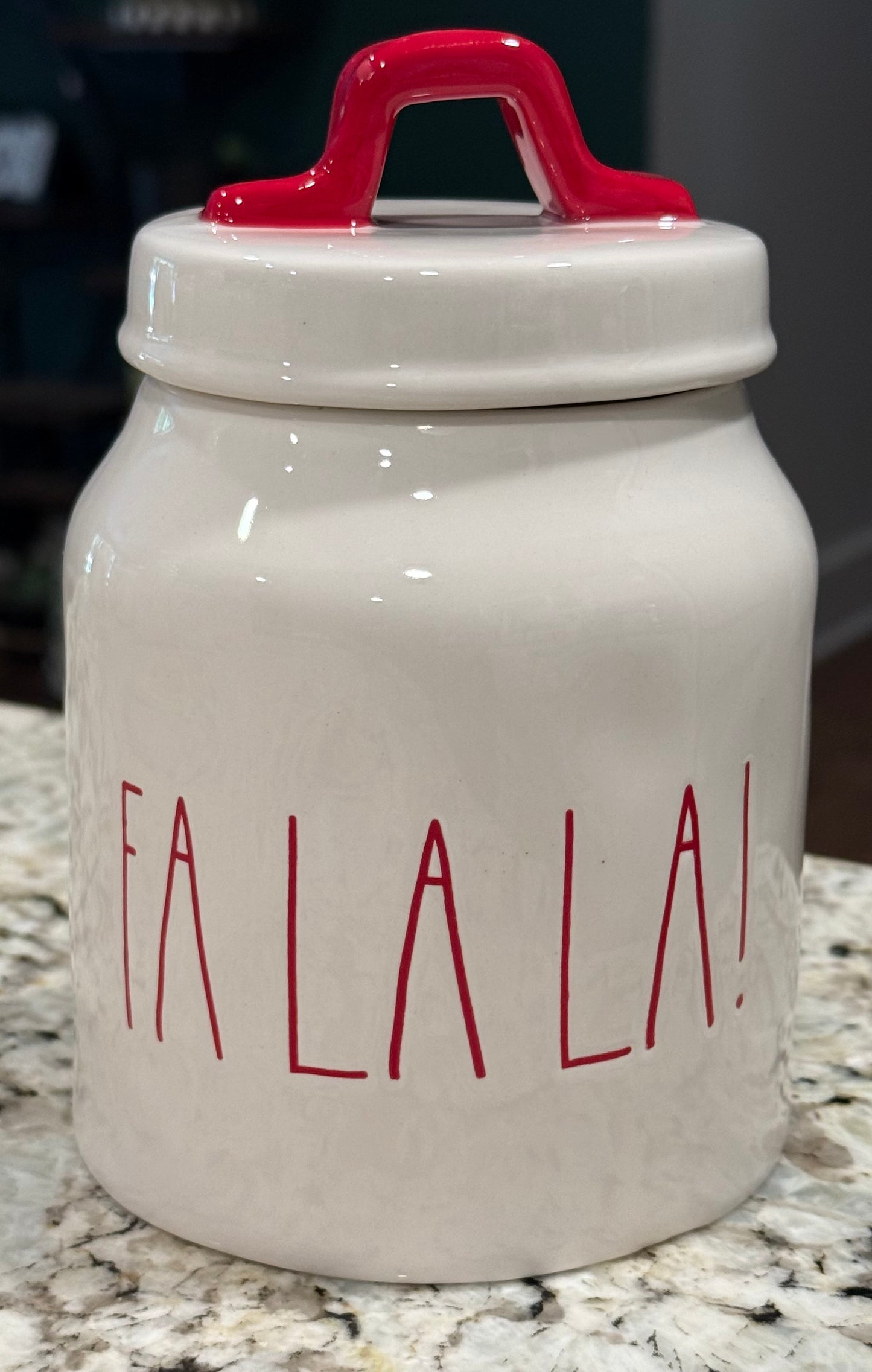 New Rae Dunn white ceramic Christmas canister FA LA LA!6”