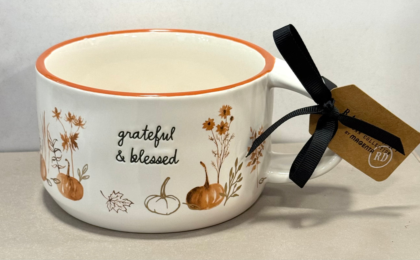 New Rae Dunn fall floral ceramic soup cup GRATEFUL AND BLESSED