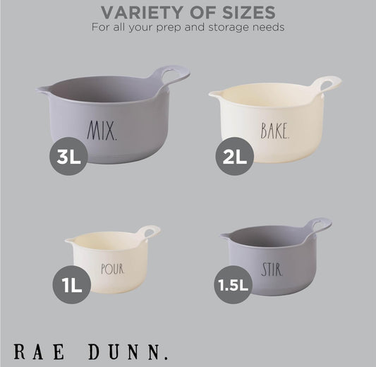Rae Dunn Non-Slip Mixing Bowls - 4 Piece Nesting Plastic Mixing Bowl Set with Pour Spouts and Handles-Measurement Markings (Grey)