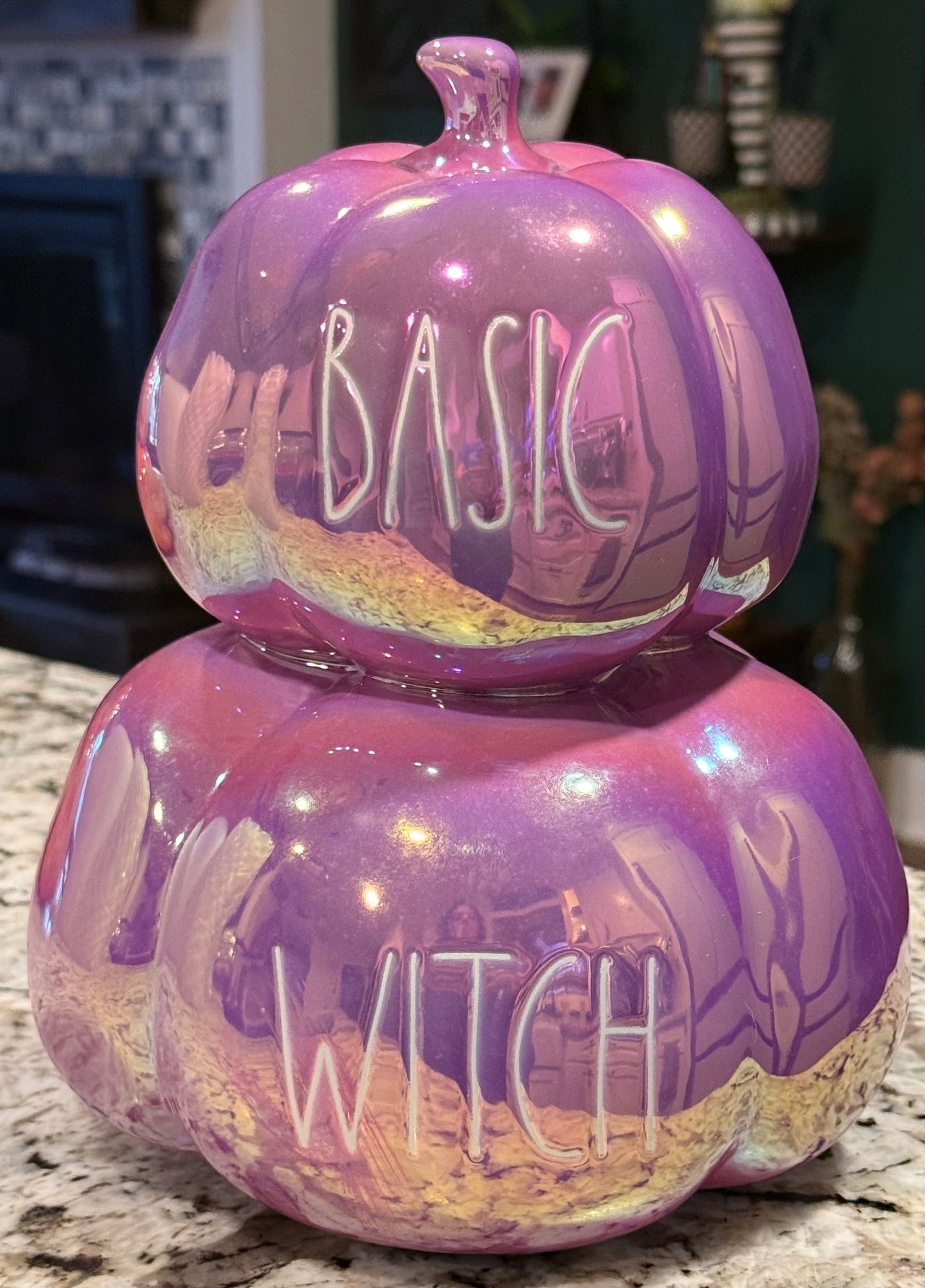 New Rae Dunn purple iridescent ceramic Halloween decor pumpkin stacker BASIC WITCH 12”
