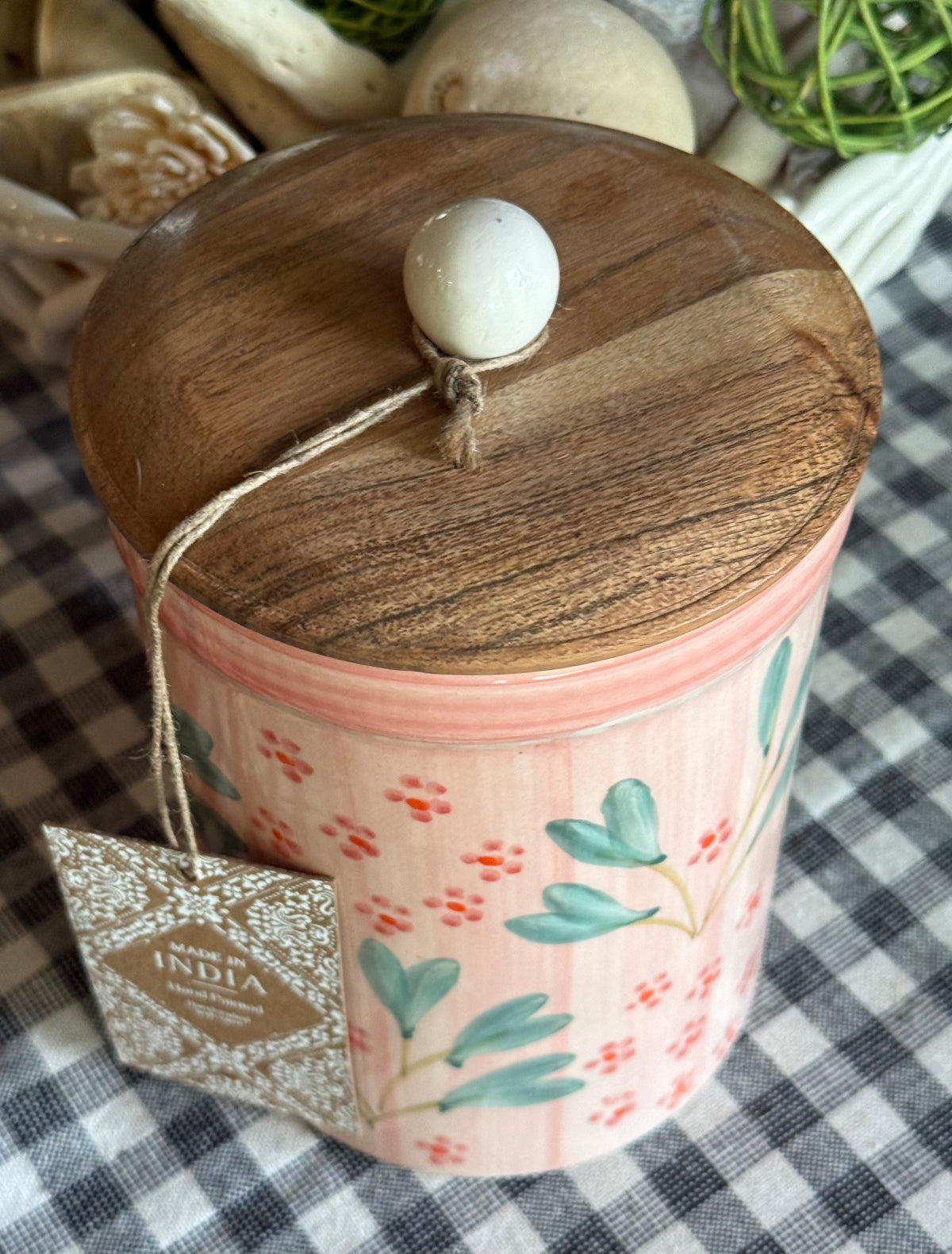 New pink floral Made in India ceramic 4” canister