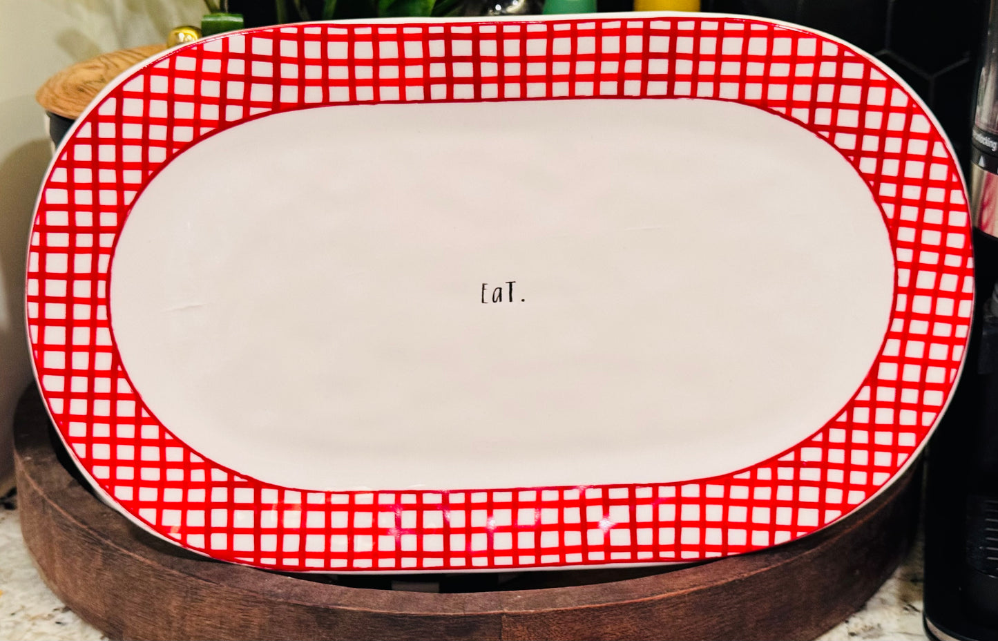 Rae Dunn ceramic red picnic polka dot print oval serving platter EAT