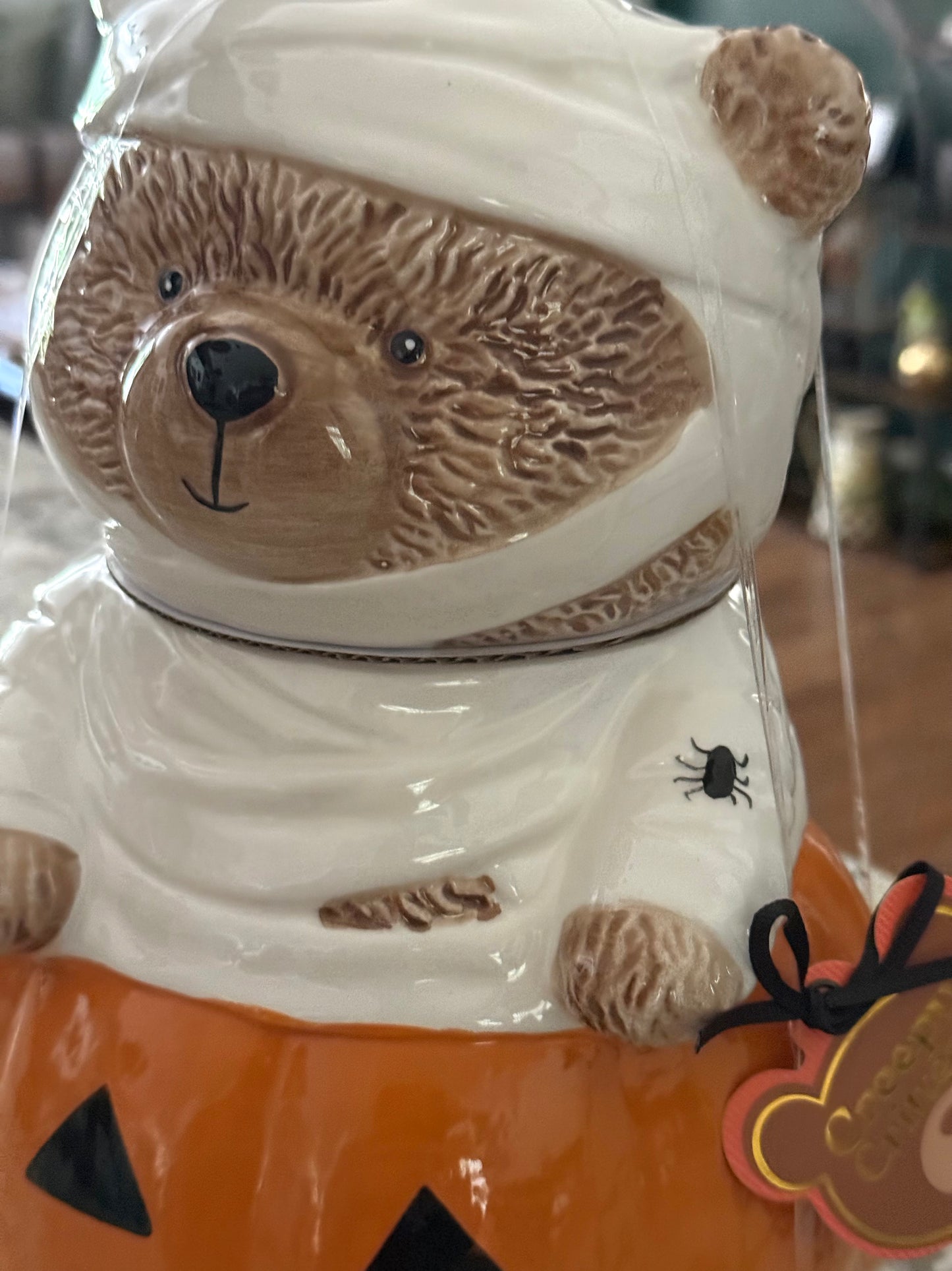 New ceramic Teddy Bear Creepy Critters sitting mummy pumpkin cookie jar canister