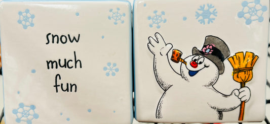 New Rae Dunn x Frosty the Snowman ceramic 4x4 block decor SNOW MUCH FUN (1block)