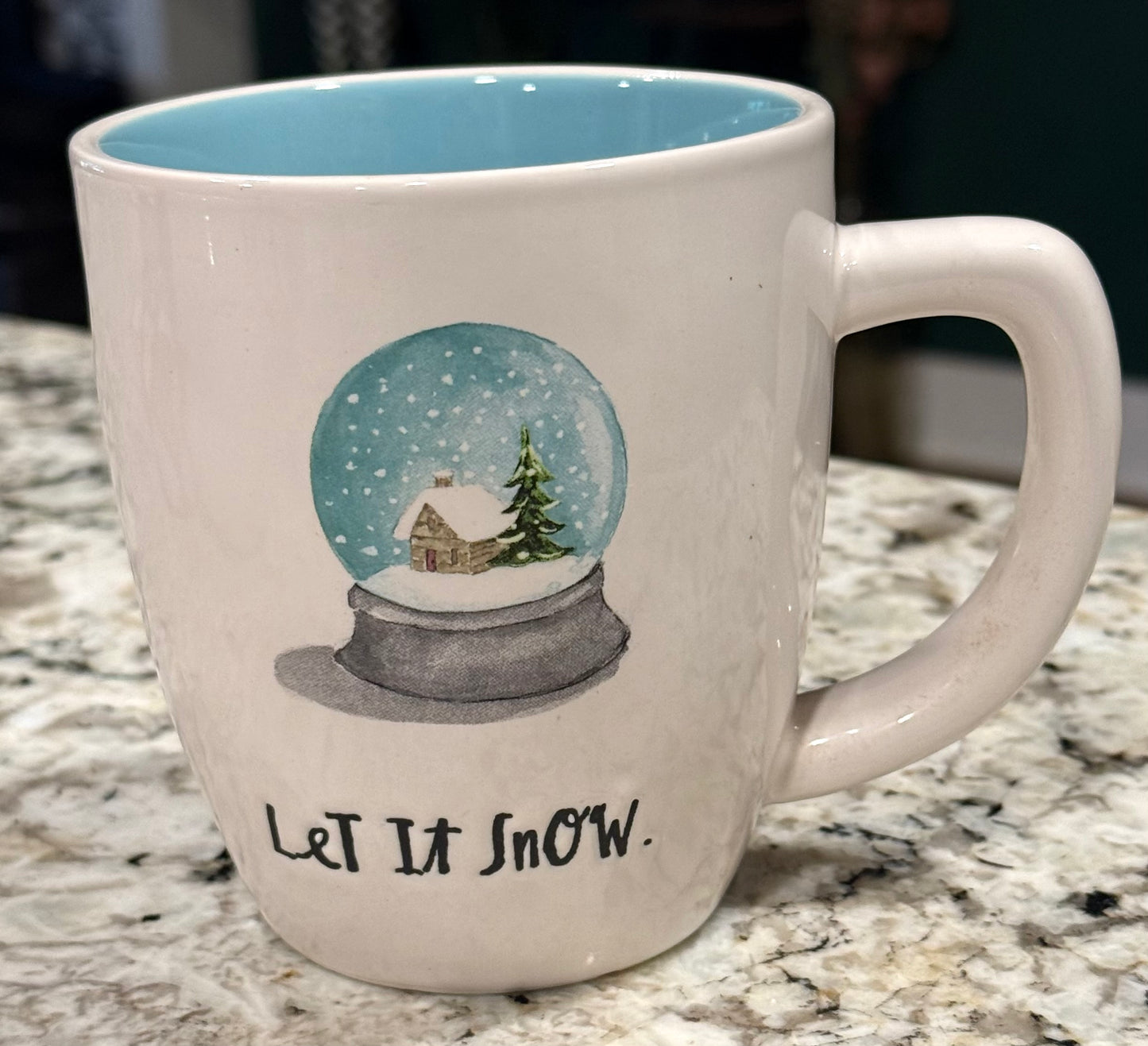 New Rae Dunn white ceramic Christmas decor coffee mug blue interior snowglobe LET IT SNOW