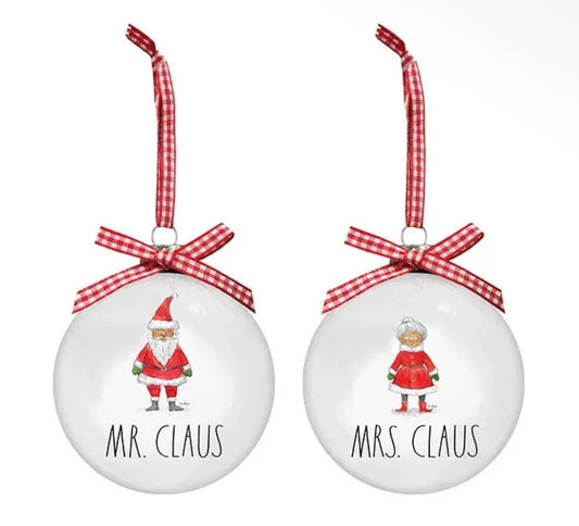 New Rae Dunn glass 2-piece red and white Christmas ornament set Mr & Mrs Claus