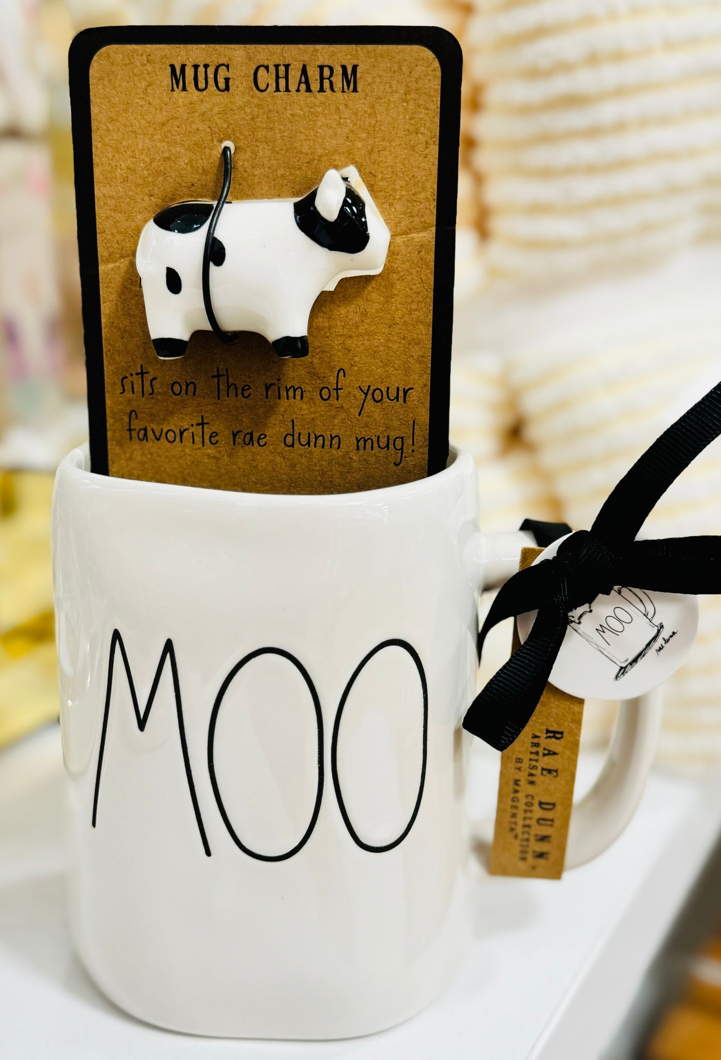 New Rae Dunn white ceramic MOO coffee mug with cow mug charm