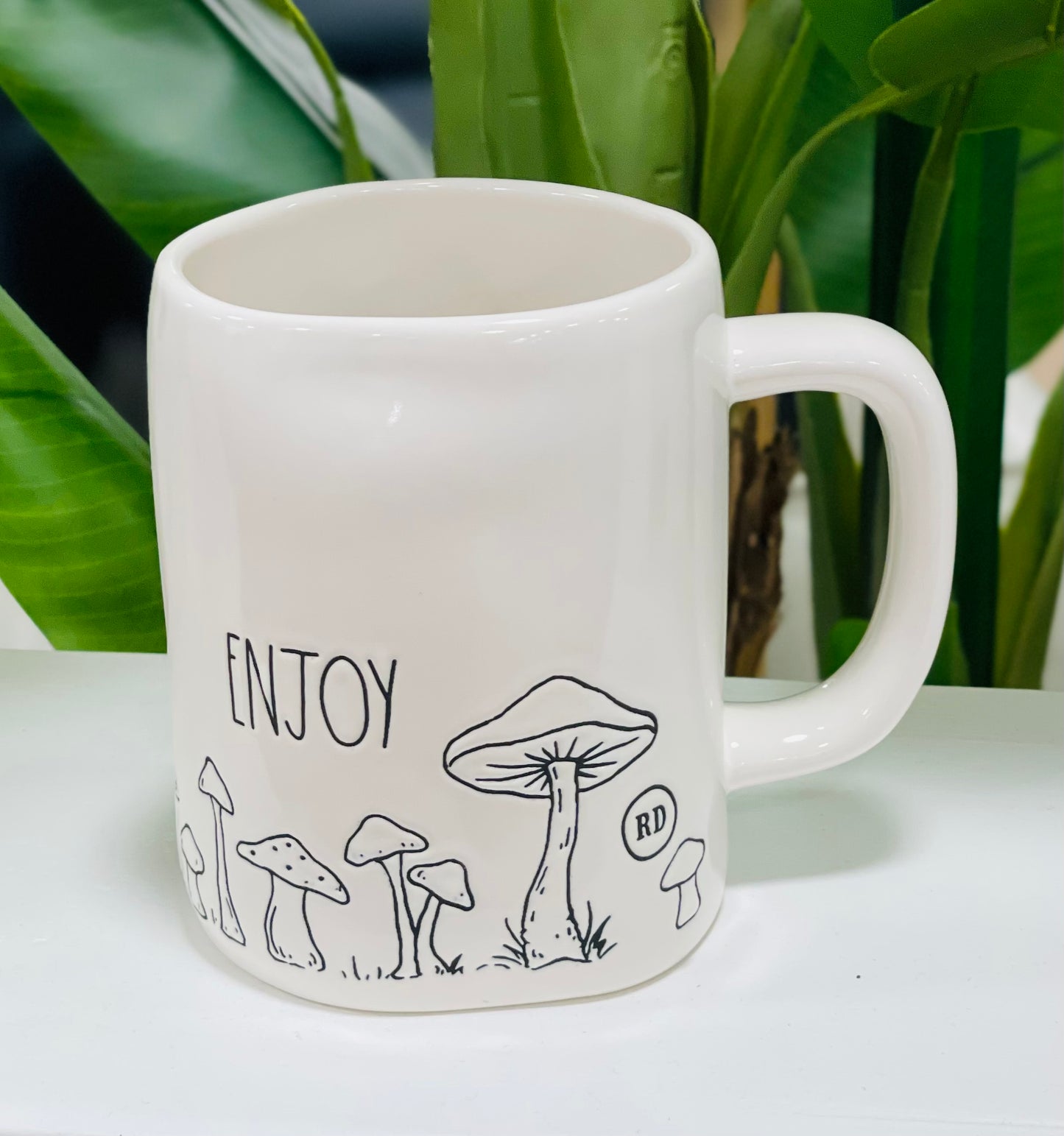 New Rae Dunn white ceramic coffee mug mushroom motif ENJOY