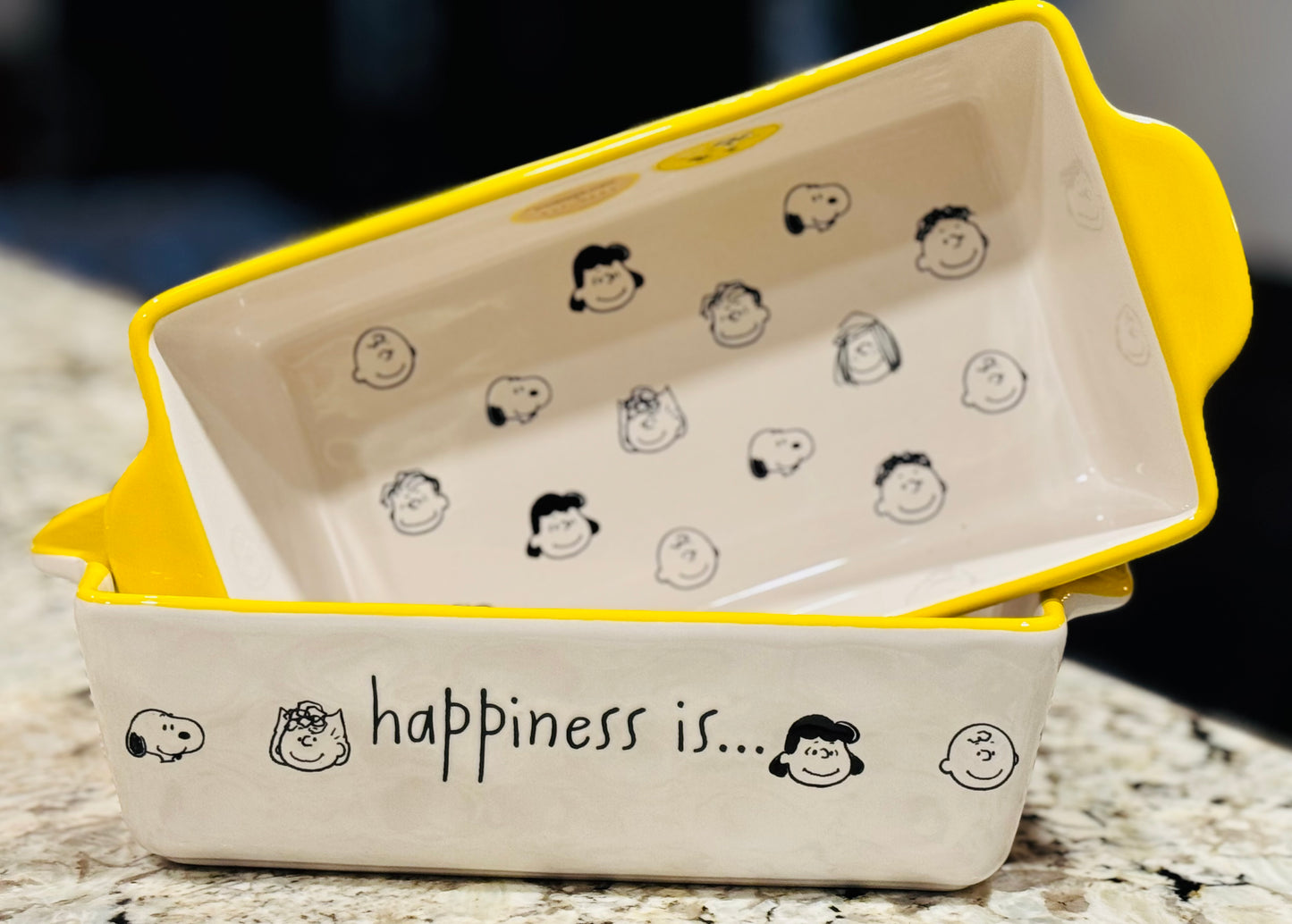 New Rae Dunn x Peanuts Snoopy ceramic baking dish 8x6 HAPPINESS IS…