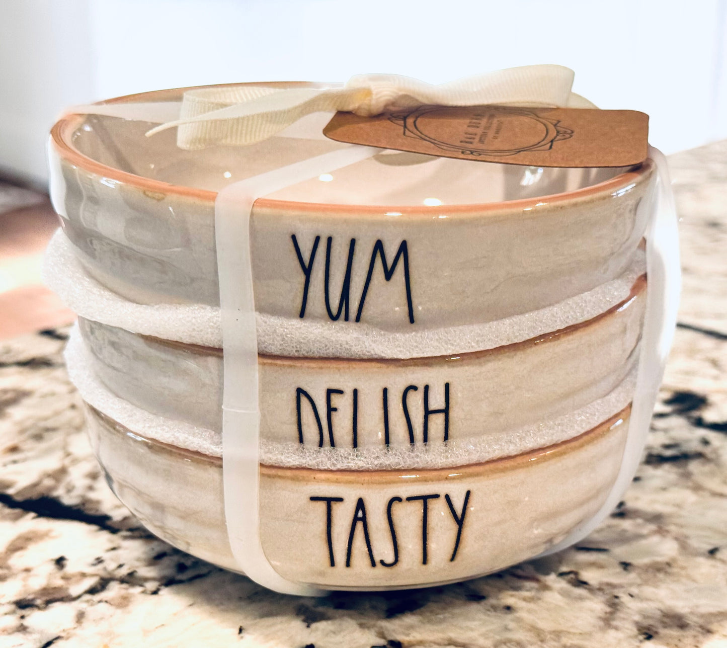 New Rae Dunn 3-piece ceramic snack bowl set YUM DELUSH TASTY