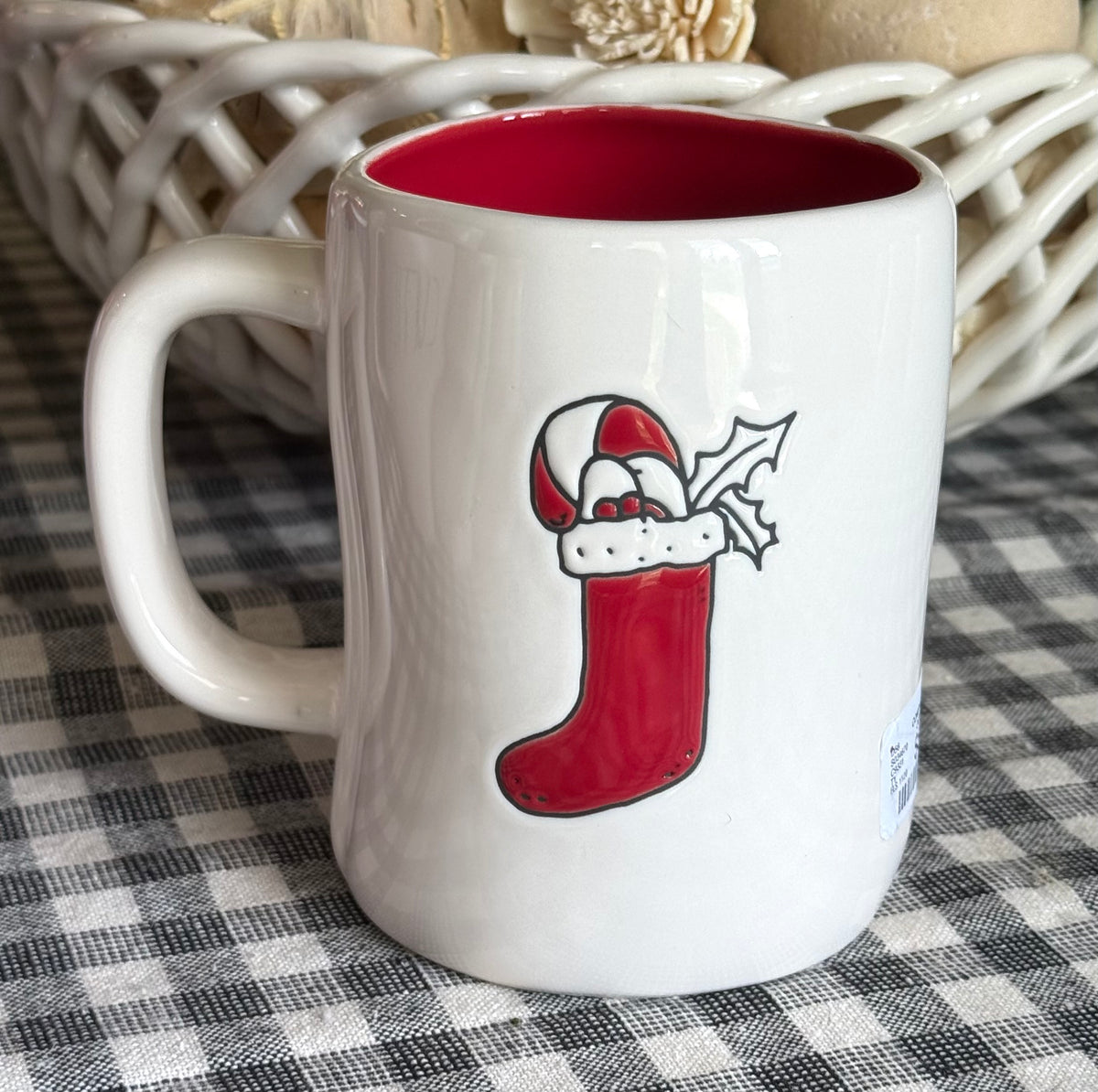 New Rae Dunn white ceramic Christmas mug red interior, JOY