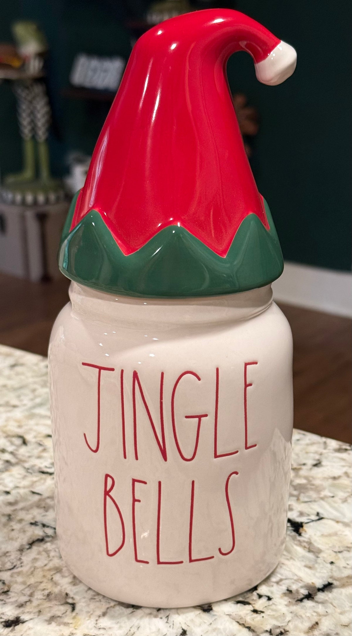 New Rae Dunn white ceramic Christmas decor canister JINGLE BELLS elf hat topper 7”