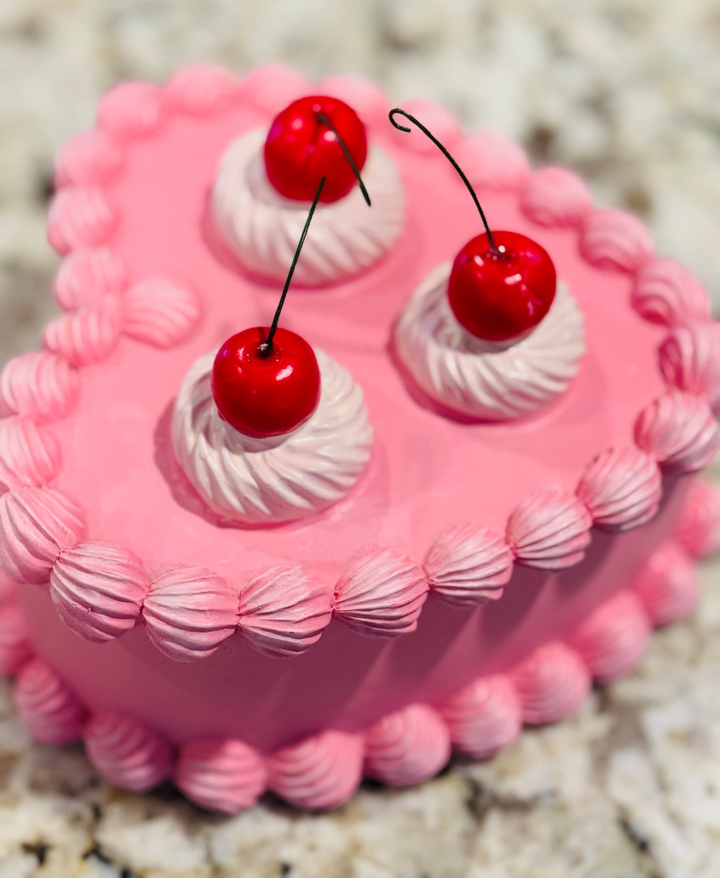 New pink faux cherry topped resin cake decor