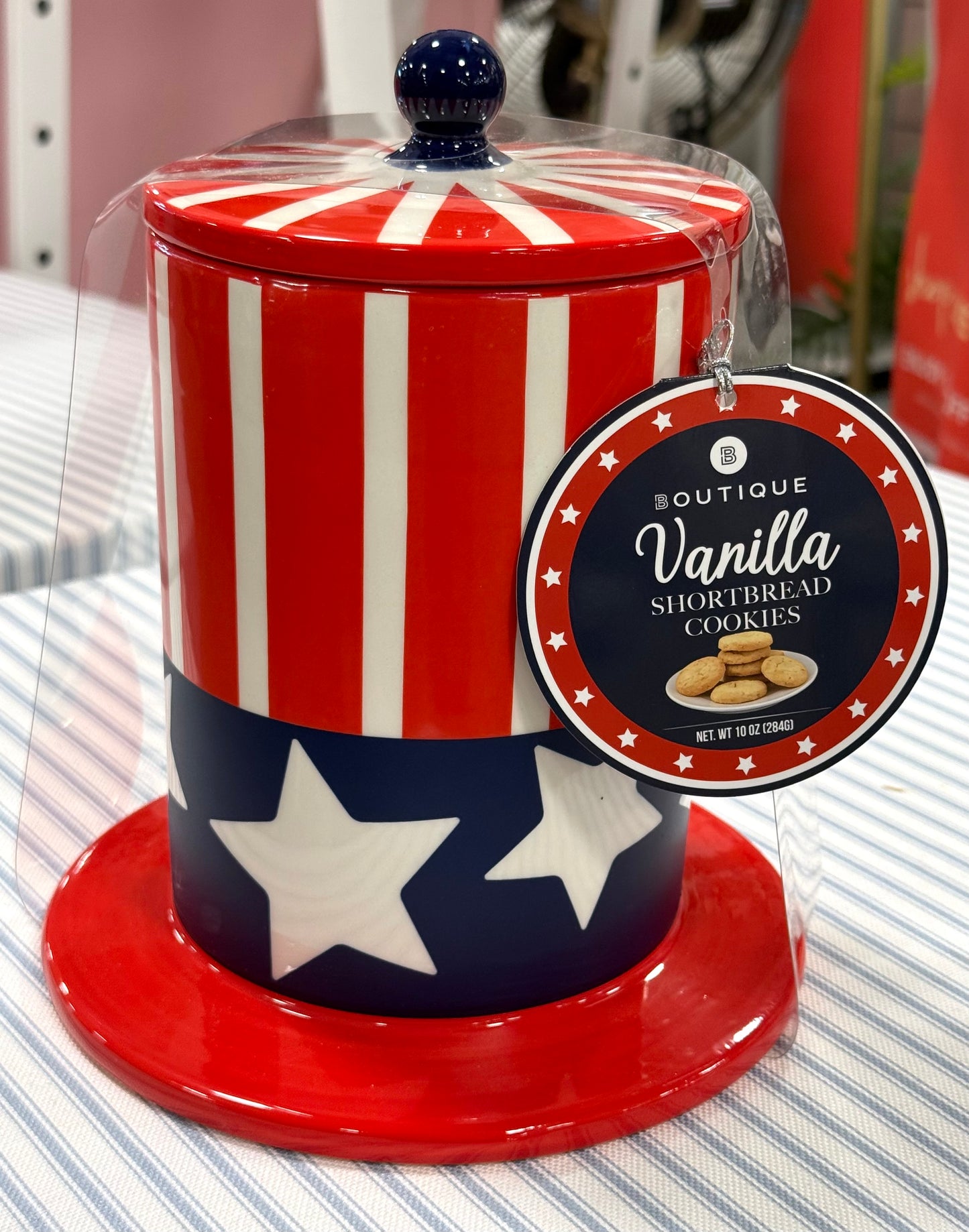 New July 4th ceramic Americana top hat decor cookie jar with cookie mix included